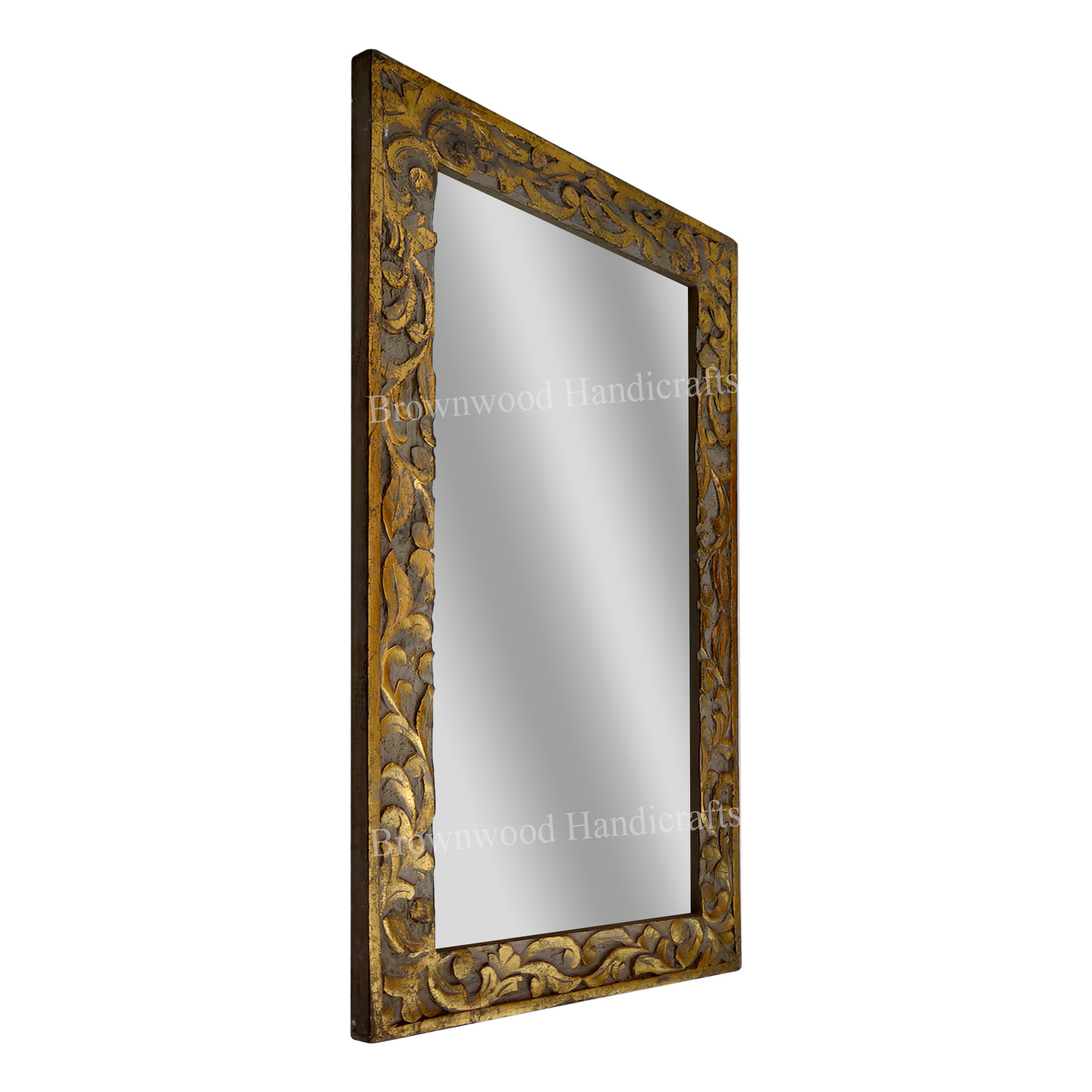 Hand Carved Mirror Frame - Wood, 30 X 18 Inches, Green Gold Foil | Antique Imitation, Painted, Polished, Ideal For Home Decoration And Gifts