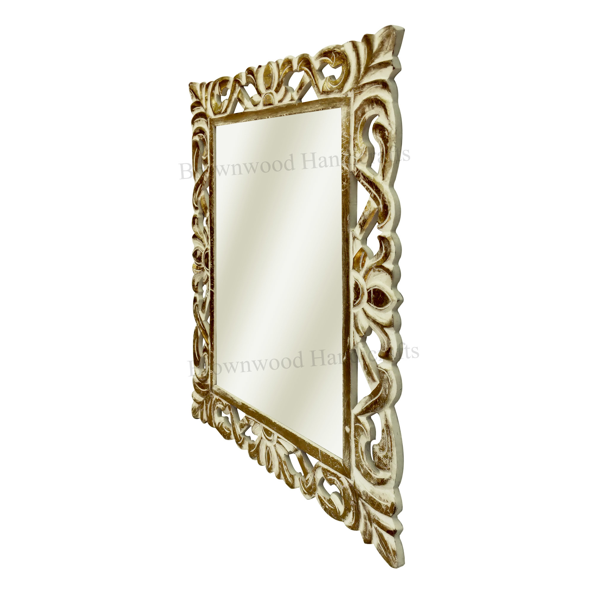 Wood Carved Mirror Frame - 28 X 20 Inches, White Gold Foil Finish, Antique Imitation Style, Hand Carved And Polished For Home Decoration And Gifting