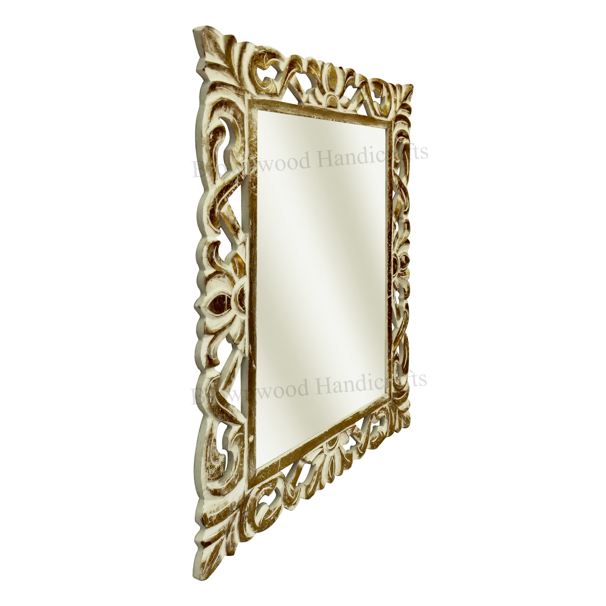 Wood Carved Mirror Frame - 28 X 20 Inches, White Gold Foil Finish, Antique Imitation Style, Hand Carved And Polished For Home Decoration And Gifting