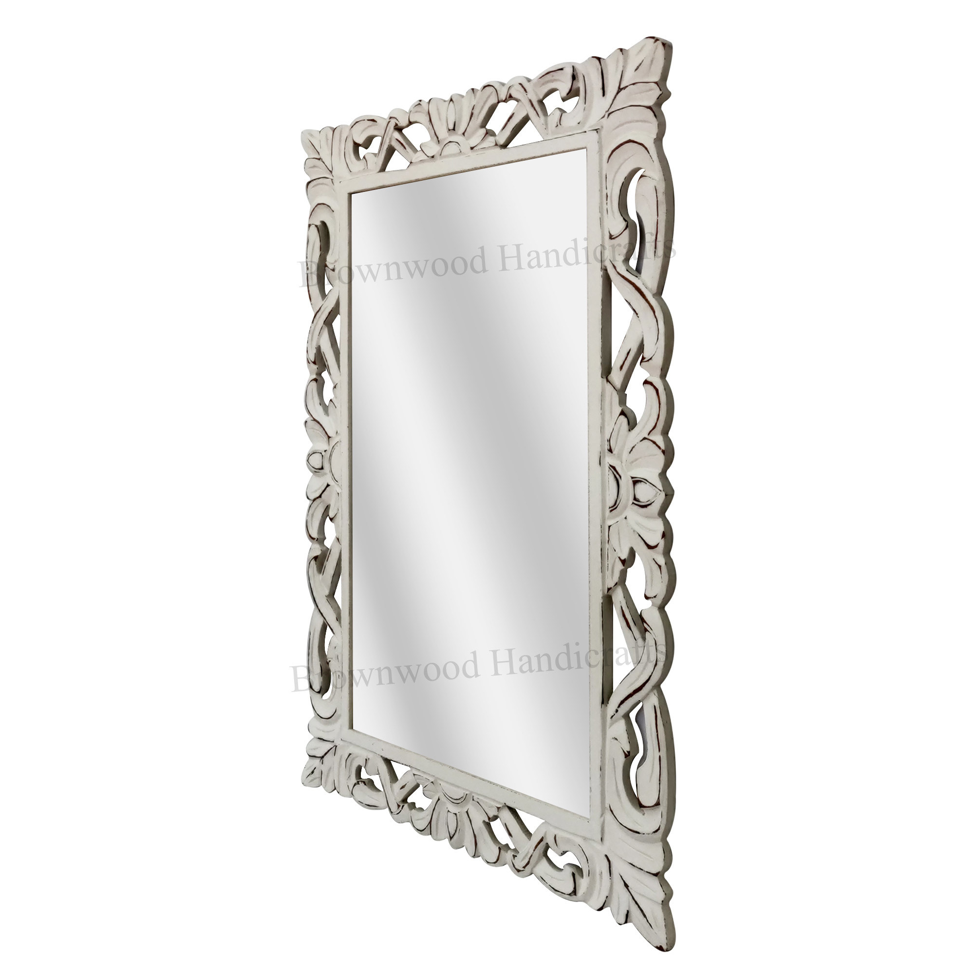 Hand-carved Wooden Mirror Frame - 36x24 Inches | Burnt White Antique Color, Polished Finish, Perfect For Home And Wedding Decoration