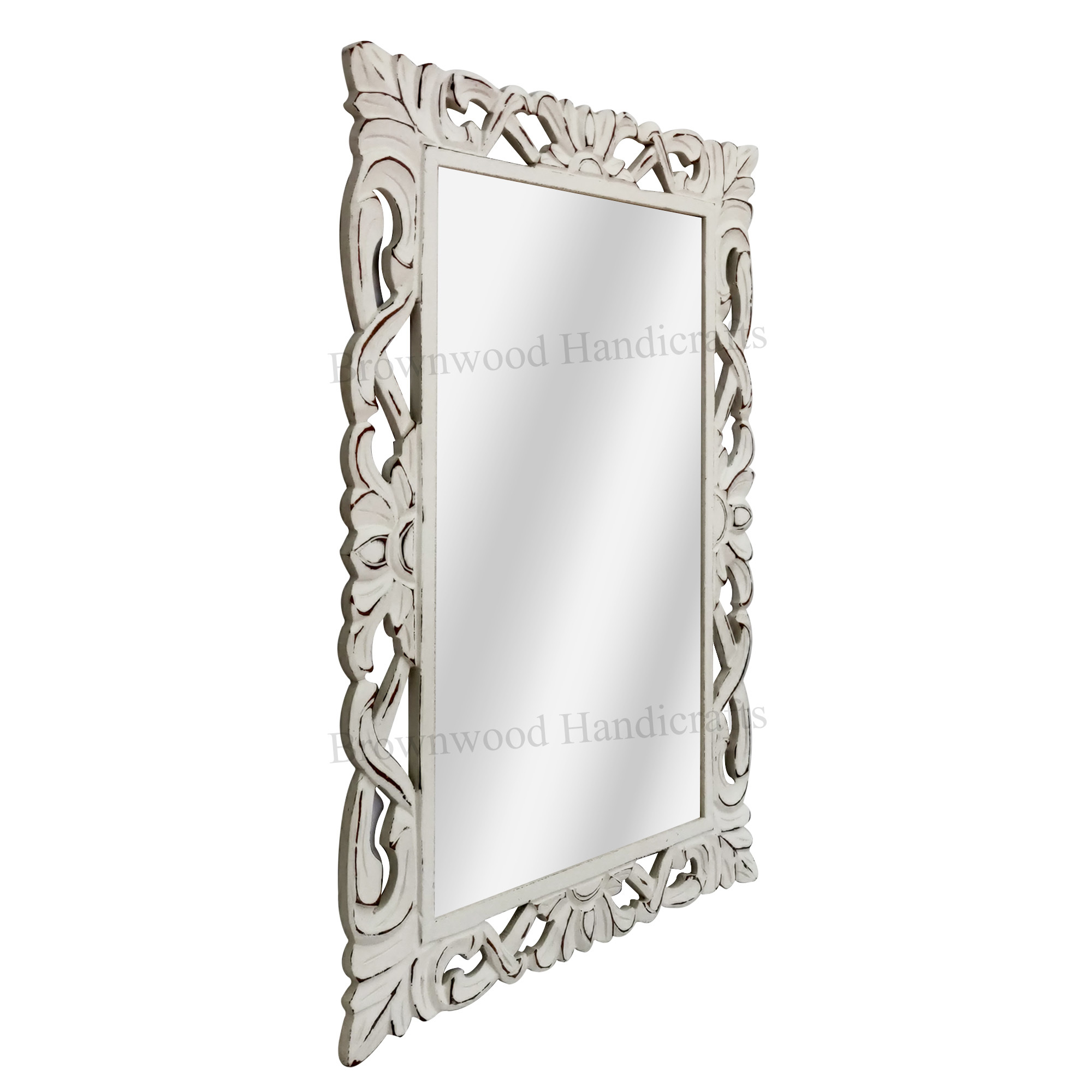 Hand-carved Wooden Mirror Frame - 36x24 Inches | Burnt White Antique Color, Polished Finish, Perfect For Home And Wedding Decoration