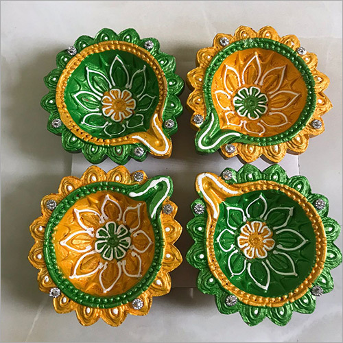 Lacadeau Yellow and Green Decorative Terracotta Diyas