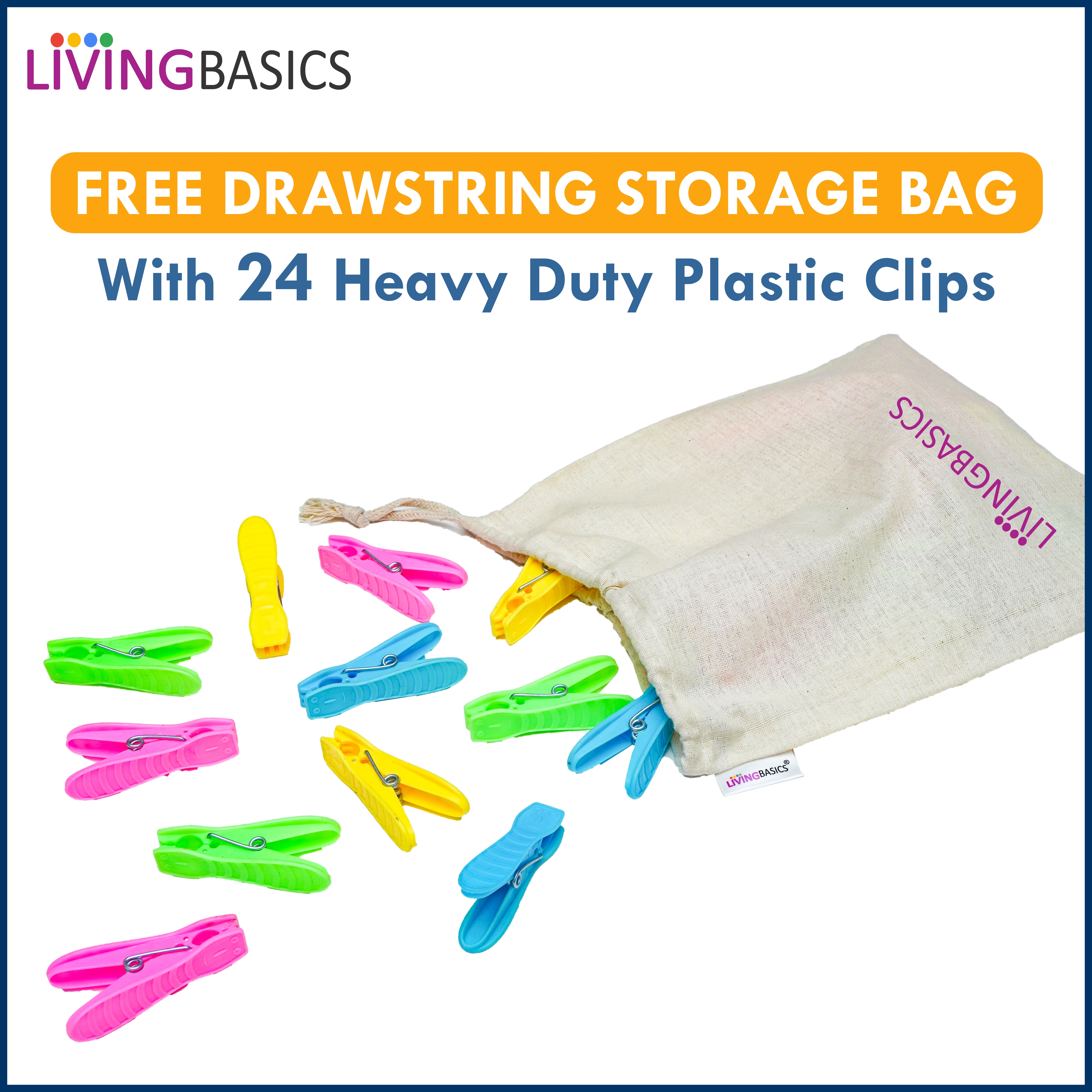 Plastic Cloth Clipper - Heavy Duty Plastic, Medium Size, Multi-colour | Easy Grip, Durable Design, 24 Cloth Clips With Free Storage Bag