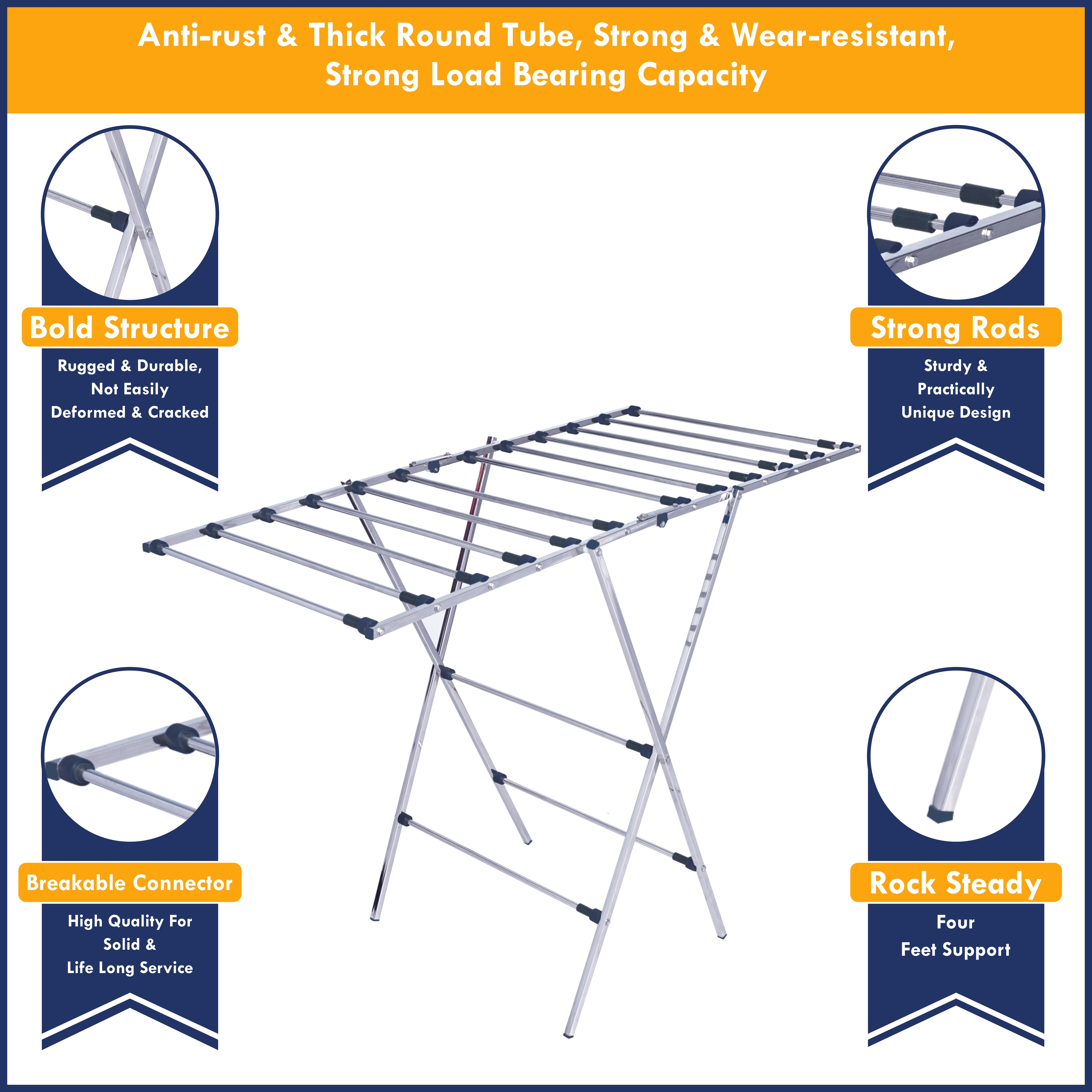 Ss Cloth Drying Stand - Stainless Steel, Large 100x74x107 Cm | Expandable & Foldable Design, 11 Rust-free Rods, Ideal For Indoor/outdoor Use