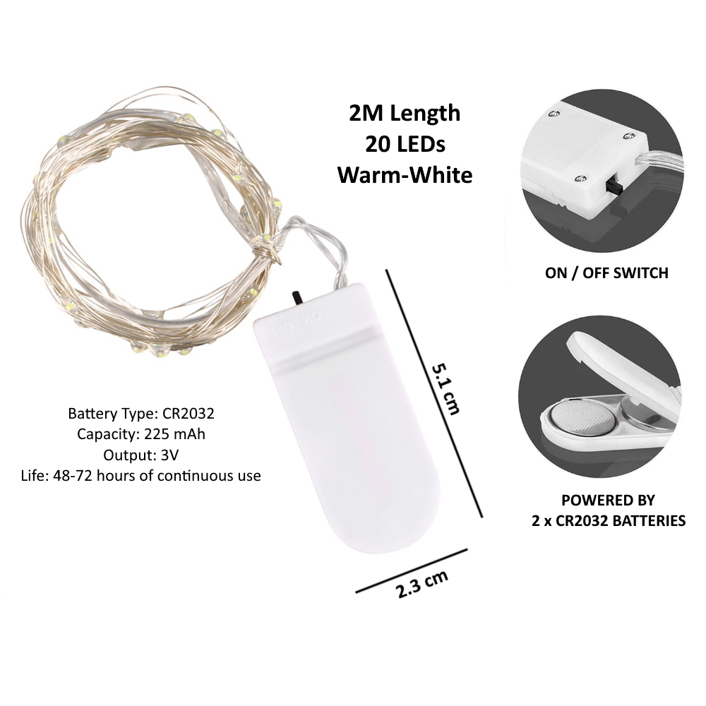 20 Led Coin Battery Powered Fairy String Light - Plastic Material, Warm White Color | 6v Working Voltage, Cr2032 Battery Operated For Versatile Decoration
