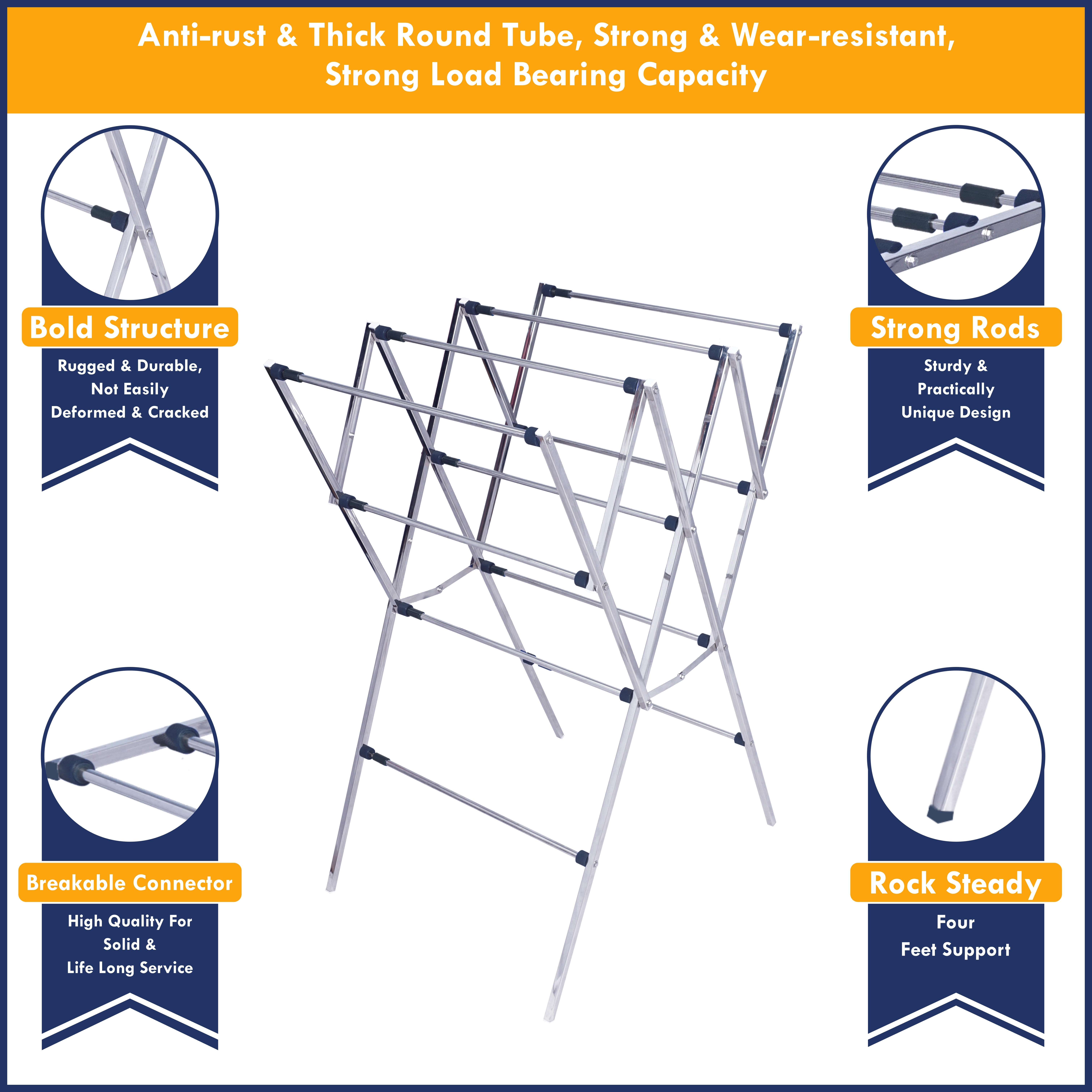 Stainless Steel Cloth Drying Stand - 11 Expandable Rods, Foldable Design, 35 Feet Drying Space, Heavy Load Capacity Of 30 Kg