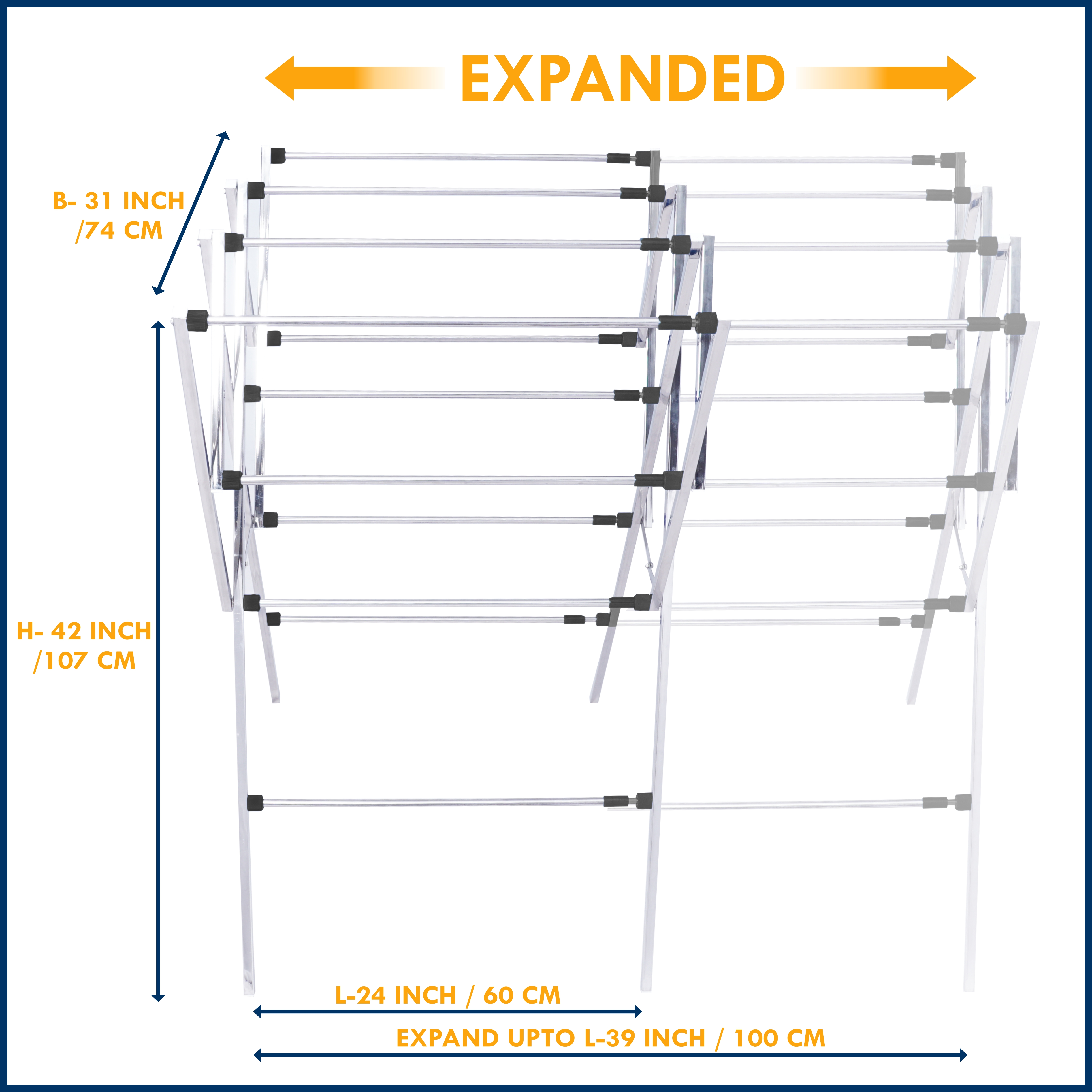 Stainless Steel Cloth Drying Stand - 11 Expandable Rods, Foldable Design, 35 Feet Drying Space, Heavy Load Capacity Of 30 Kg