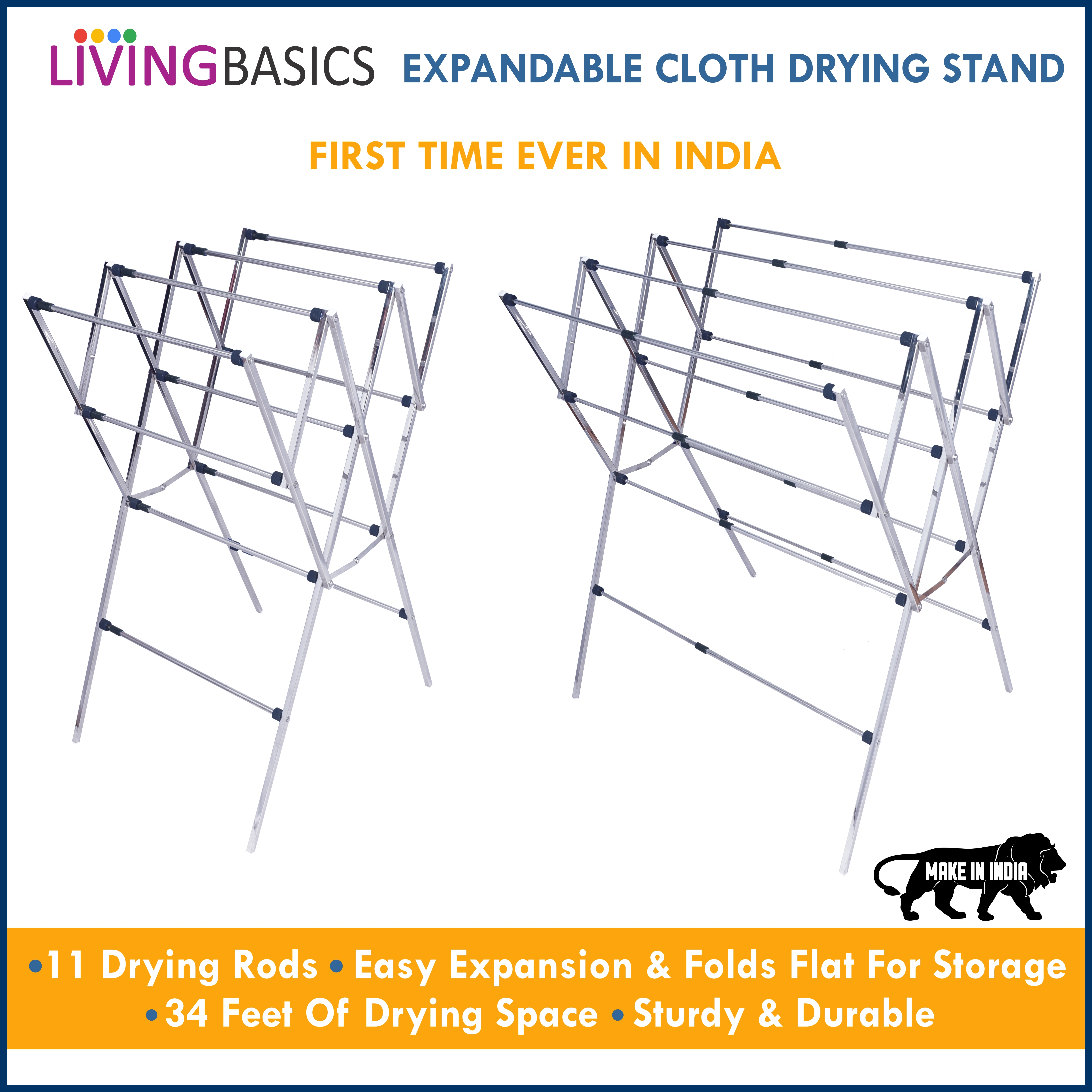 Stainless Steel Cloth Drying Stand - 11 Expandable Rods, Foldable Design, 35 Feet Drying Space, Heavy Load Capacity Of 30 Kg
