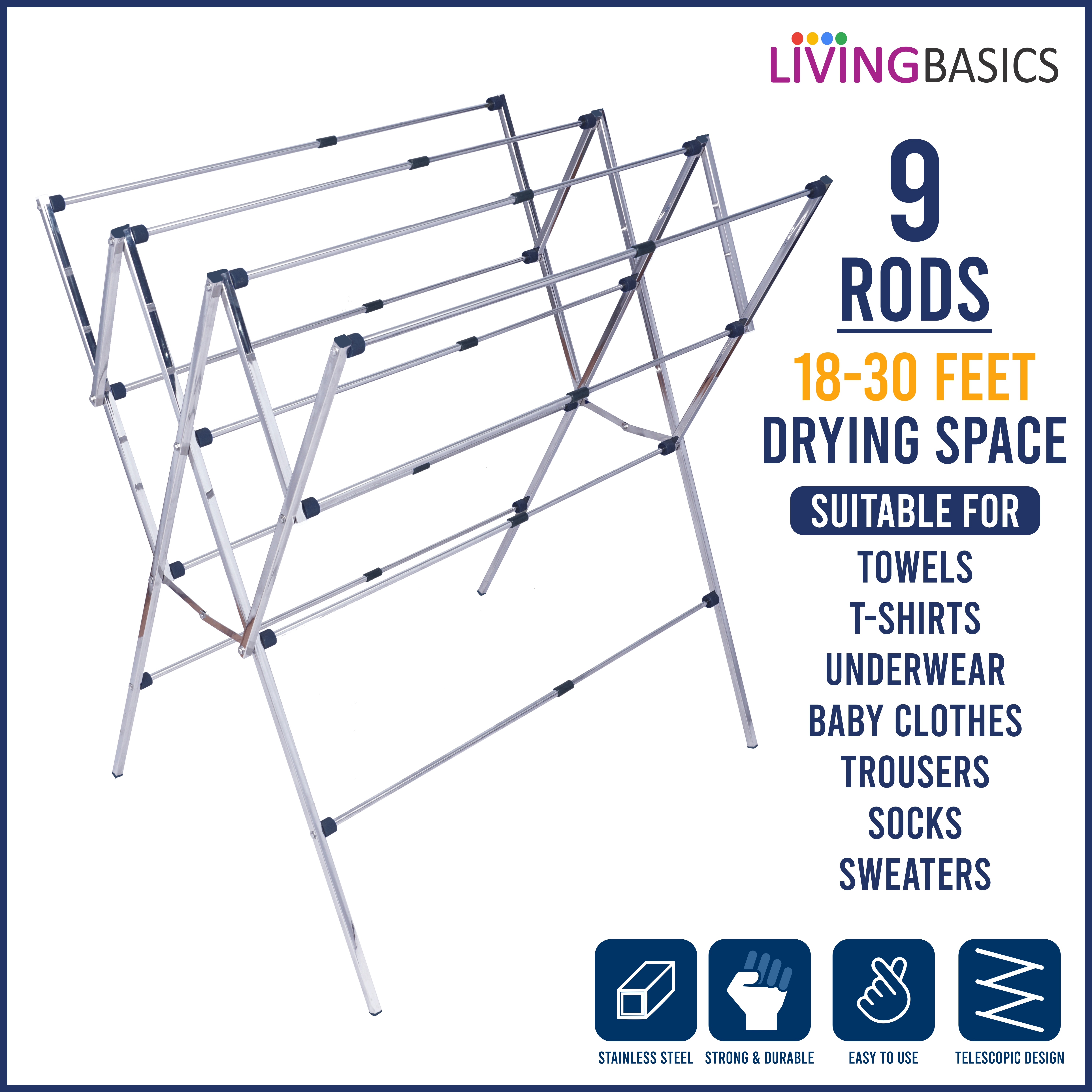 Stainless Steel Cloth Drying Stand - 11 Expandable Rods, Foldable Design, 35 Feet Drying Space, Heavy Load Capacity Of 30 Kg