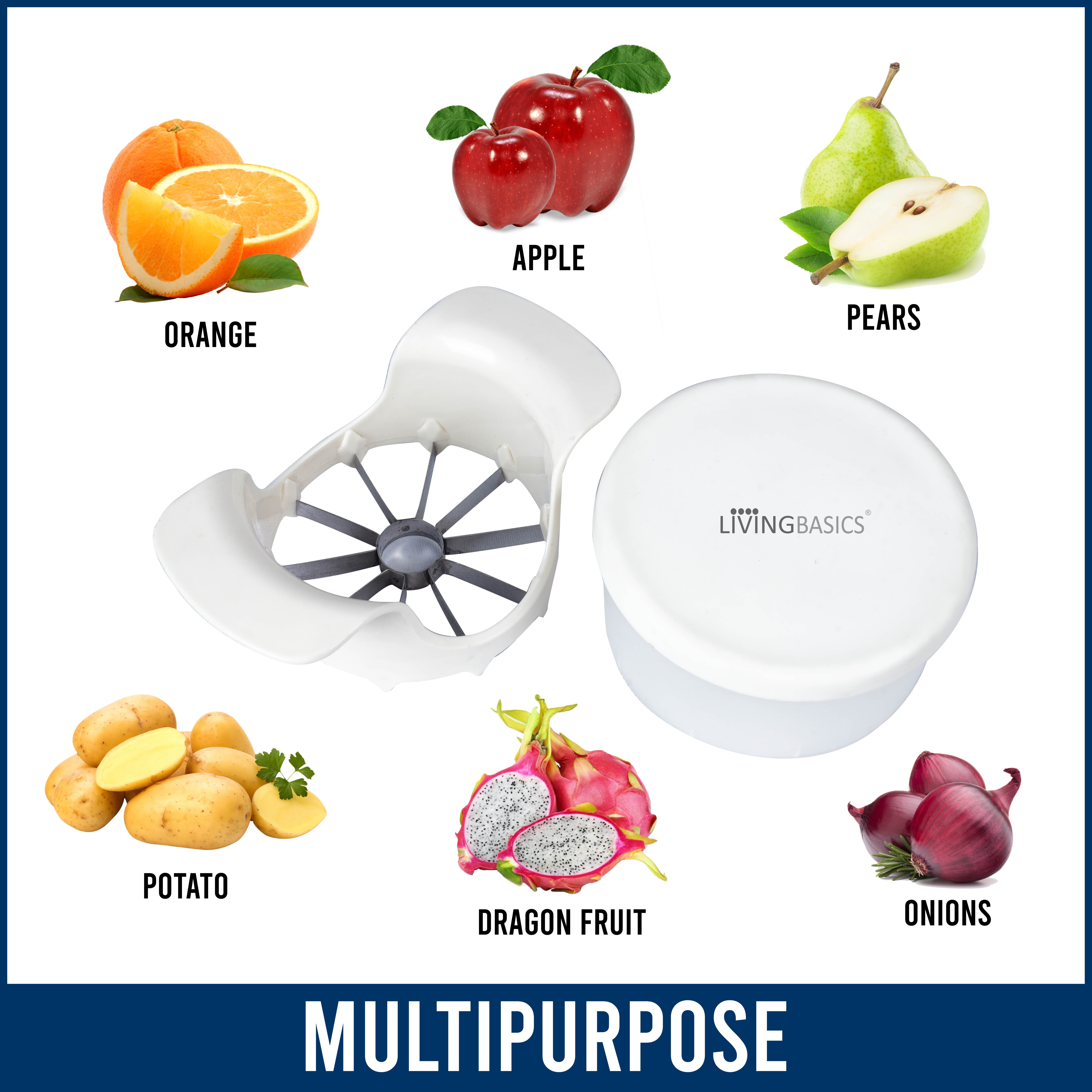 Apple Cutter - Stainless Steel Blades Small Size White | Effortless Fruit Slicing Dishwasher Safe Rust Proof Wide Grip Handles