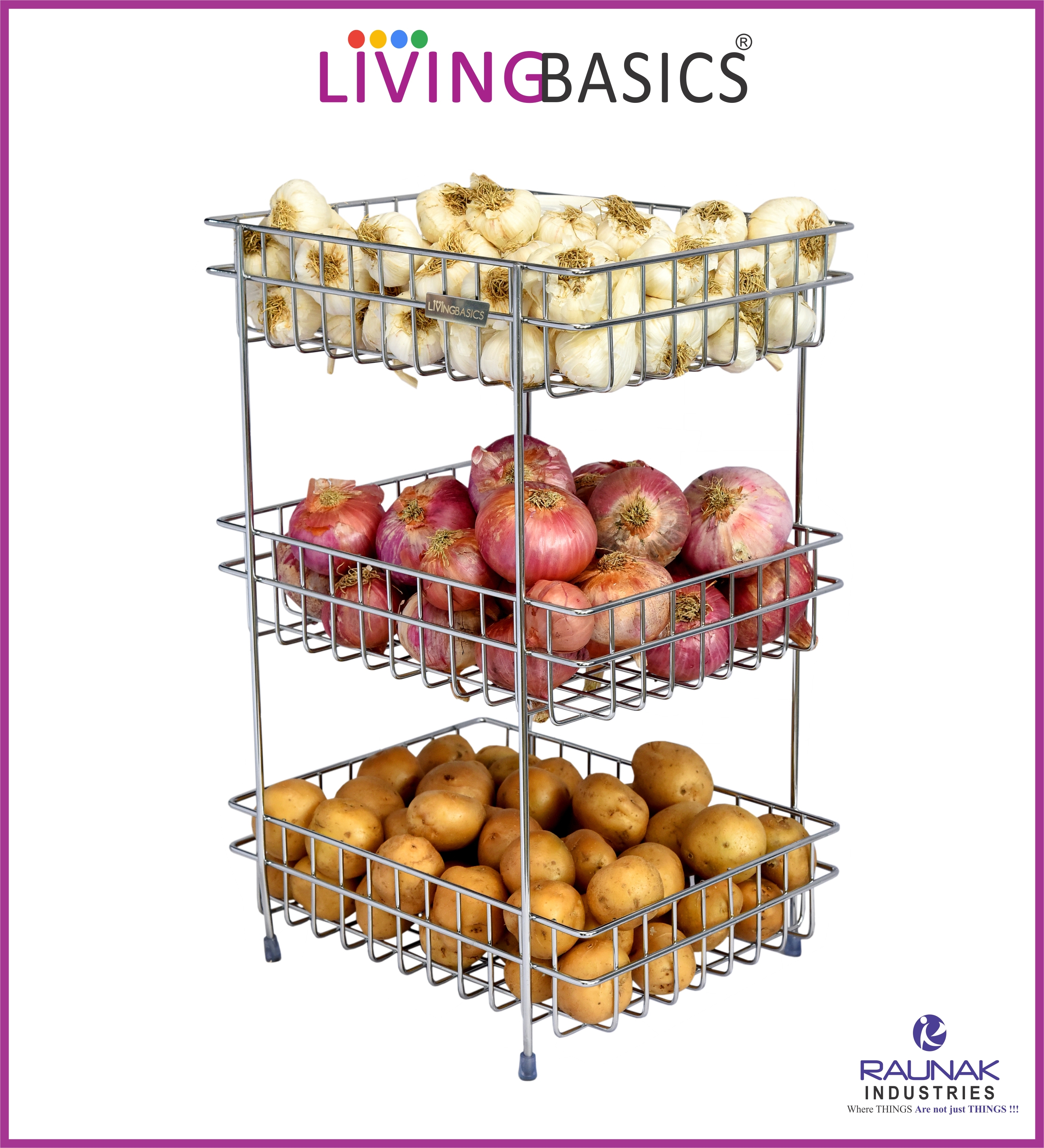Stainless Steel Kitchen Storage Shelf - Medium Size, Stainless Silver Color, 3-basket Vertical Organizer For Maximum Storage & Versatile Home Use