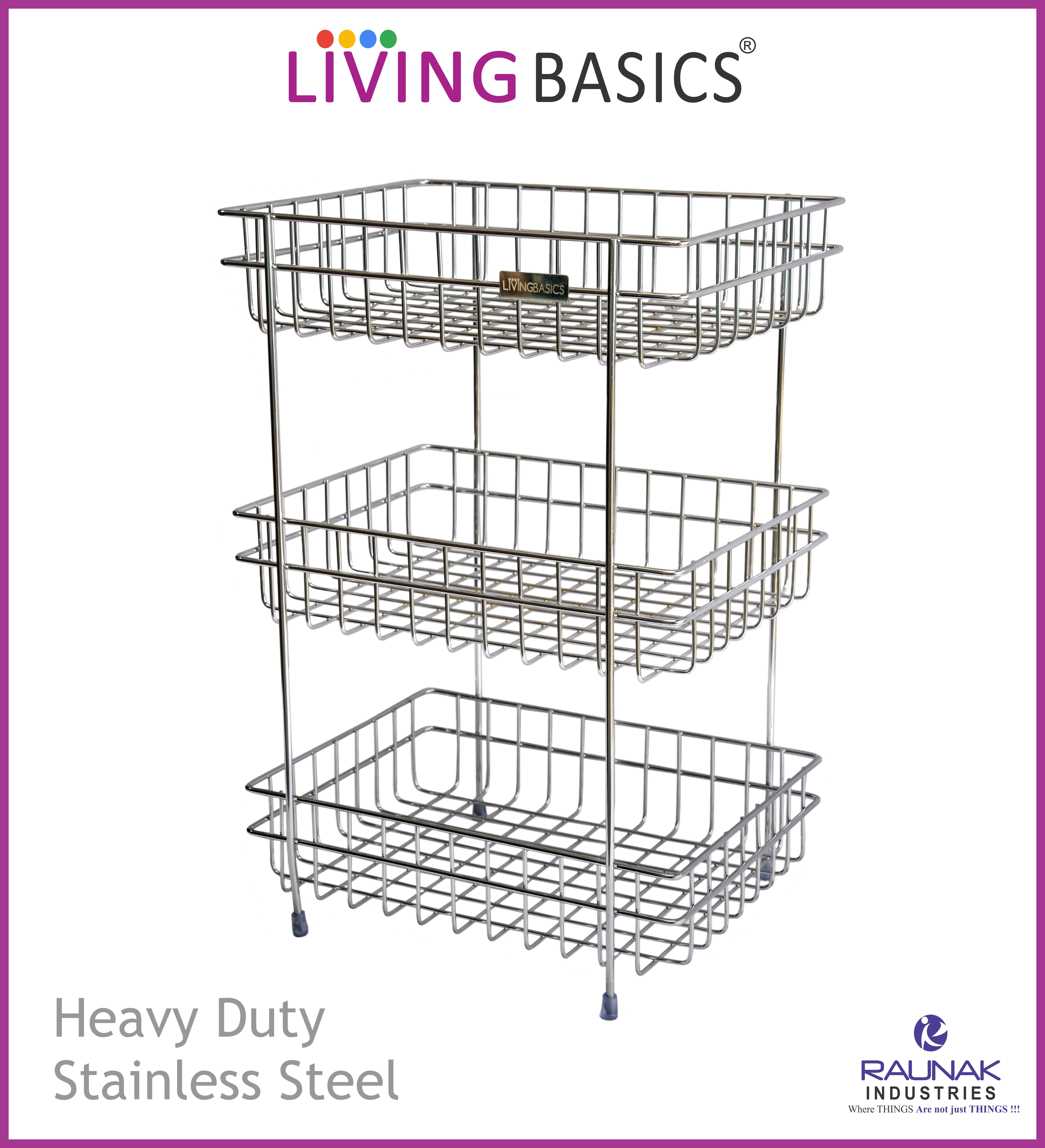 Stainless Steel Kitchen Storage Shelf - Medium Size, Stainless Silver Color, 3-basket Vertical Organizer For Maximum Storage & Versatile Home Use