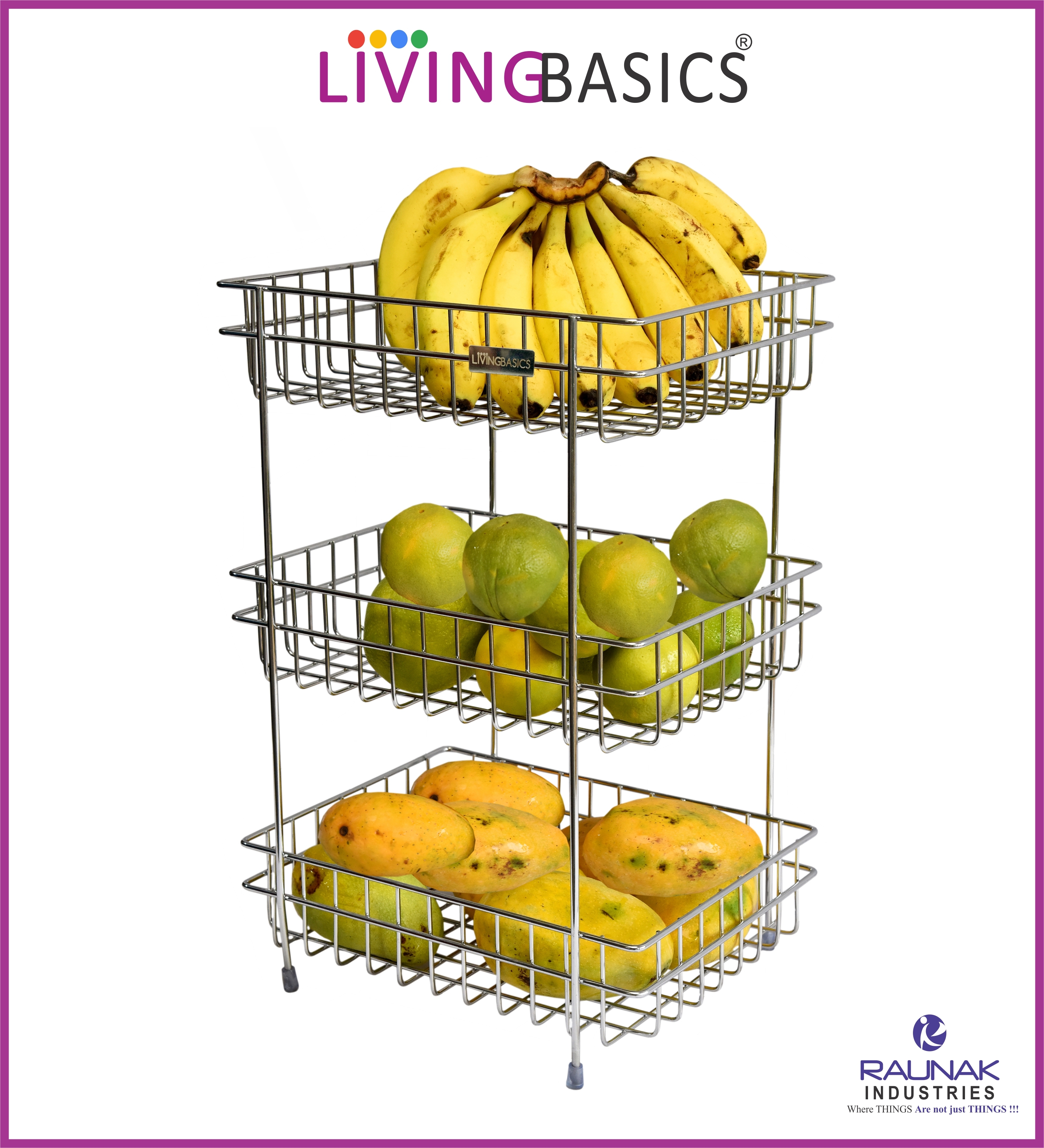 Stainless Steel Kitchen Storage Shelf - Medium Size, Stainless Silver Color, 3-basket Vertical Organizer For Maximum Storage & Versatile Home Use