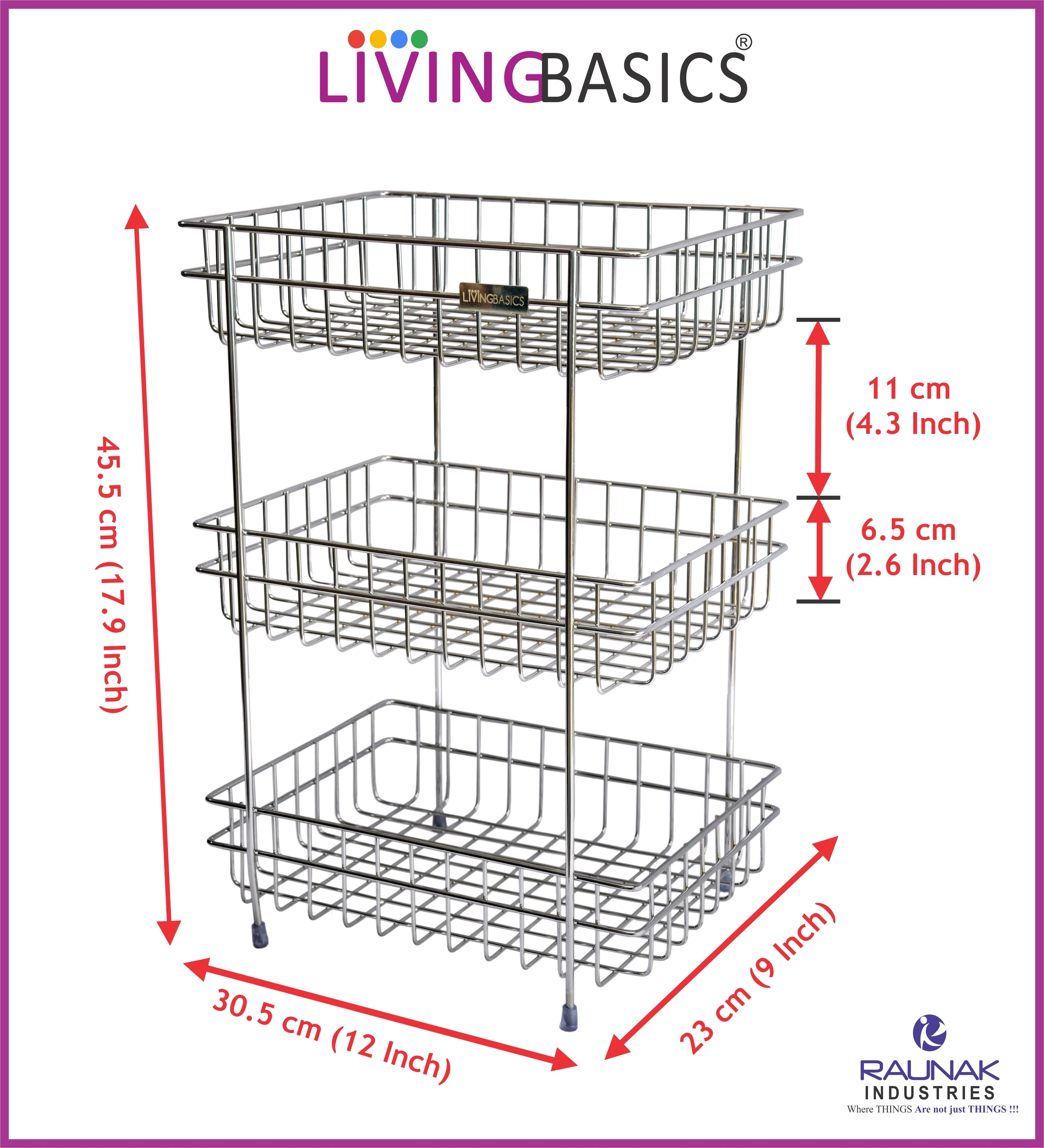 Stainless Steel Kitchen Storage Shelf - Medium Size, Stainless Silver Color, 3-basket Vertical Organizer For Maximum Storage & Versatile Home Use