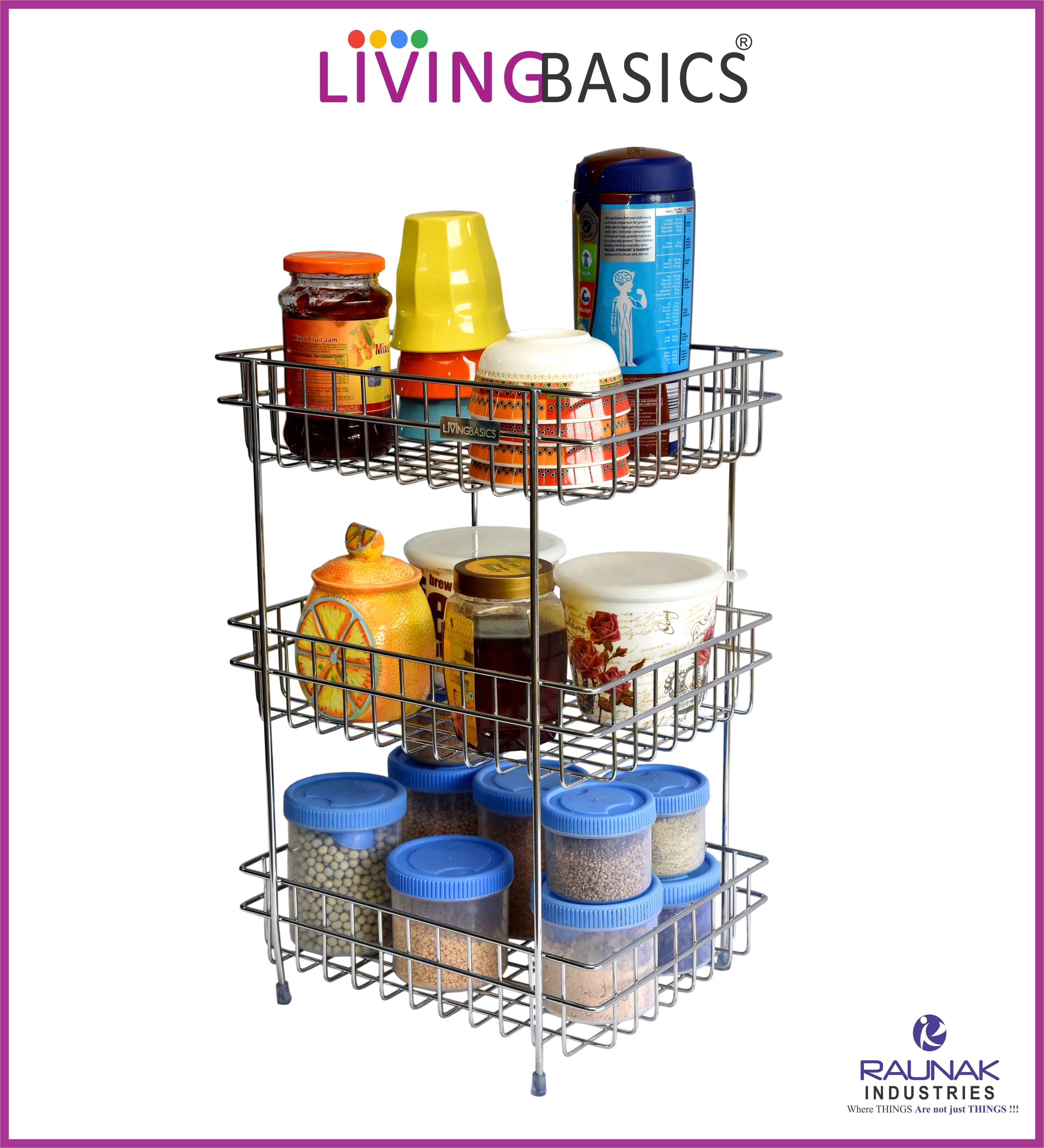 Stainless Steel Kitchen Storage Shelf - Medium Size, Stainless Silver Color, 3-basket Vertical Organizer For Maximum Storage & Versatile Home Use