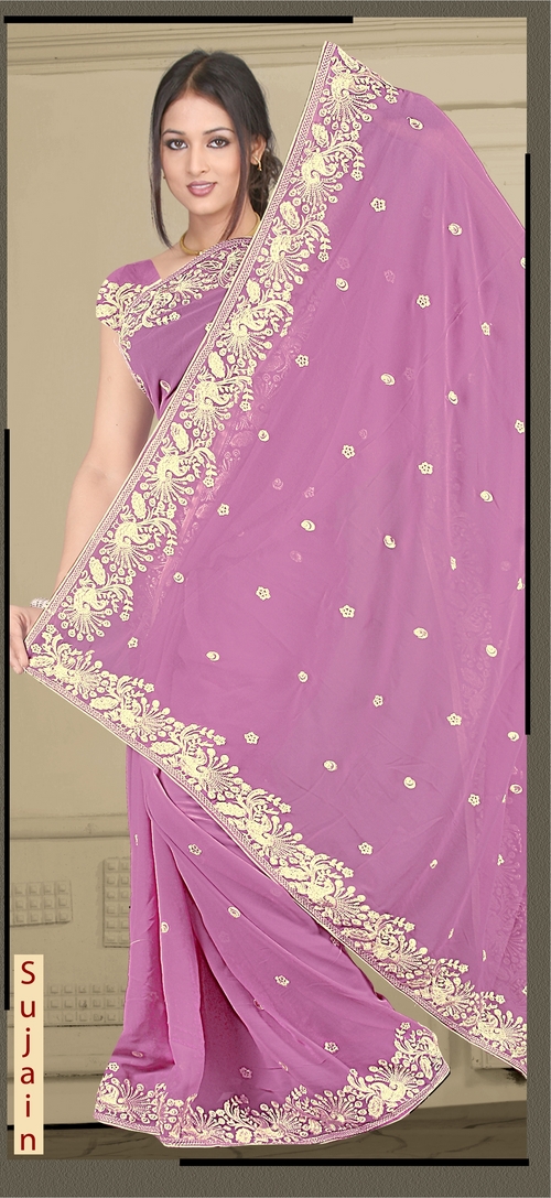 रेशम सिंगल कलर कढ़ाई साड़ी