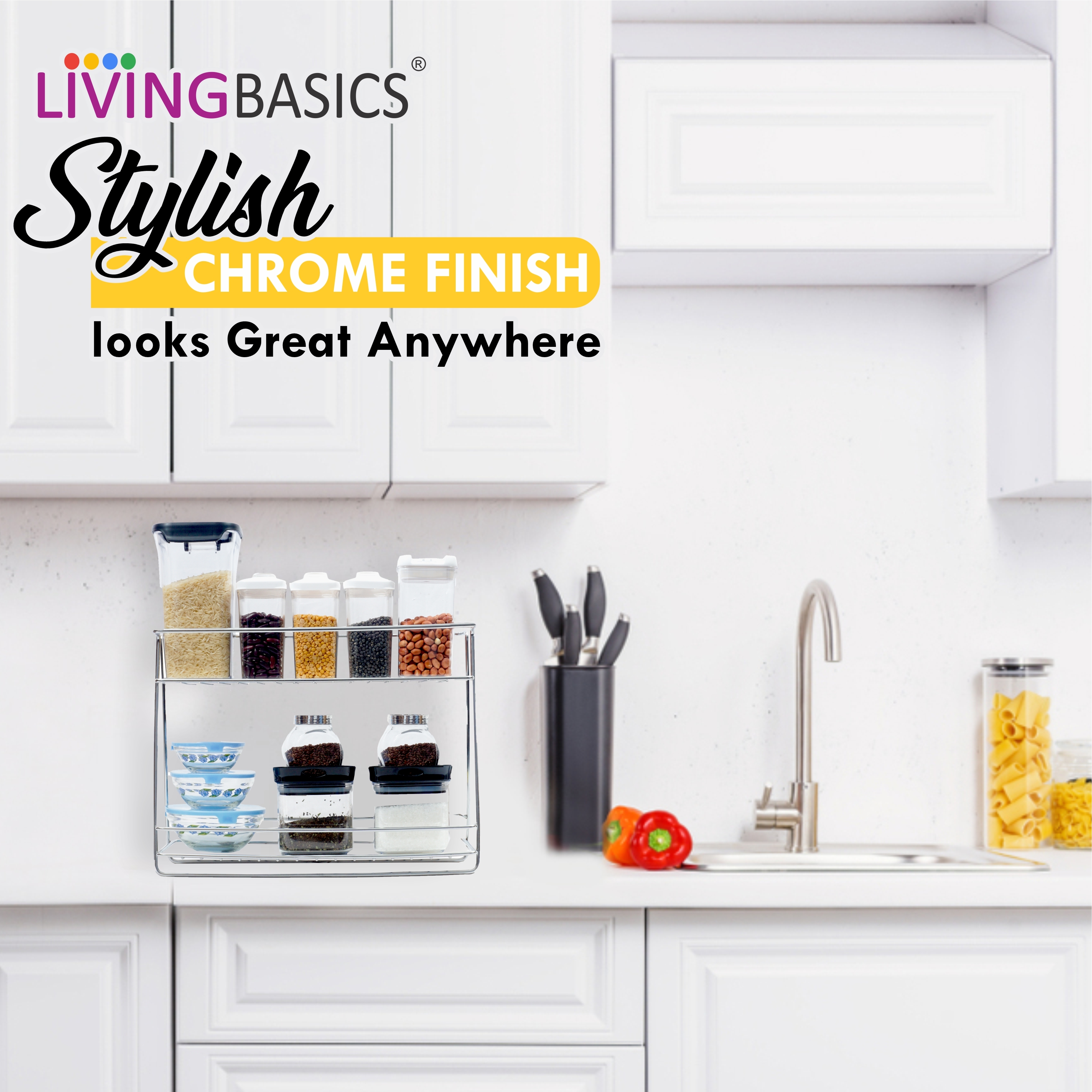Livingbasics Kitchen Spice Rack Organizer - Stainless Steel, Small 2 Tier Design, Silver Color | Waterproof Protective Shelf Liner & Rails, Maximize Counter Space, Effortless Decluttering Solution