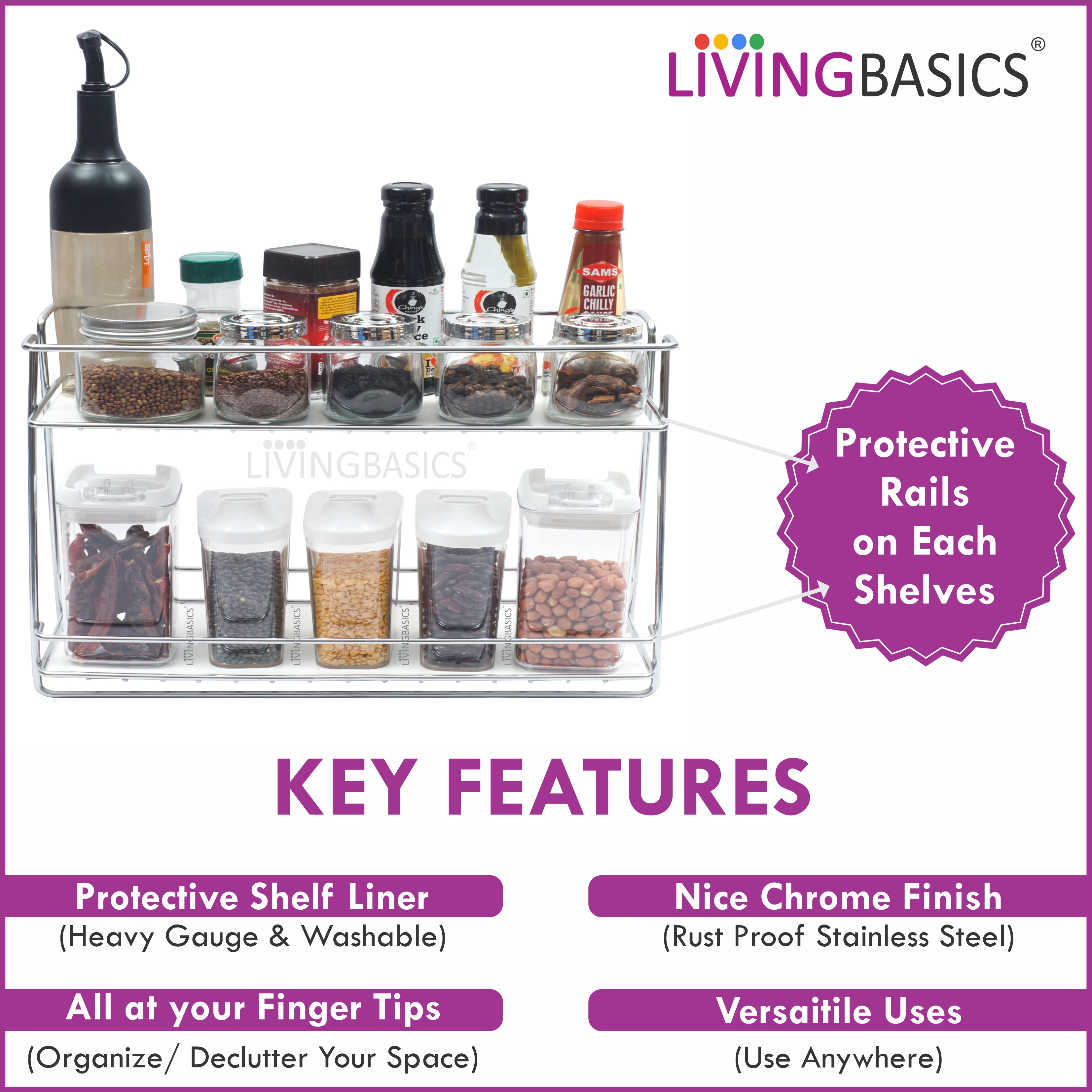 Livingbasics Kitchen Spice Rack Organizer - Stainless Steel, Small 2 Tier Design, Silver Color | Waterproof Protective Shelf Liner & Rails, Maximize Counter Space, Effortless Decluttering Solution