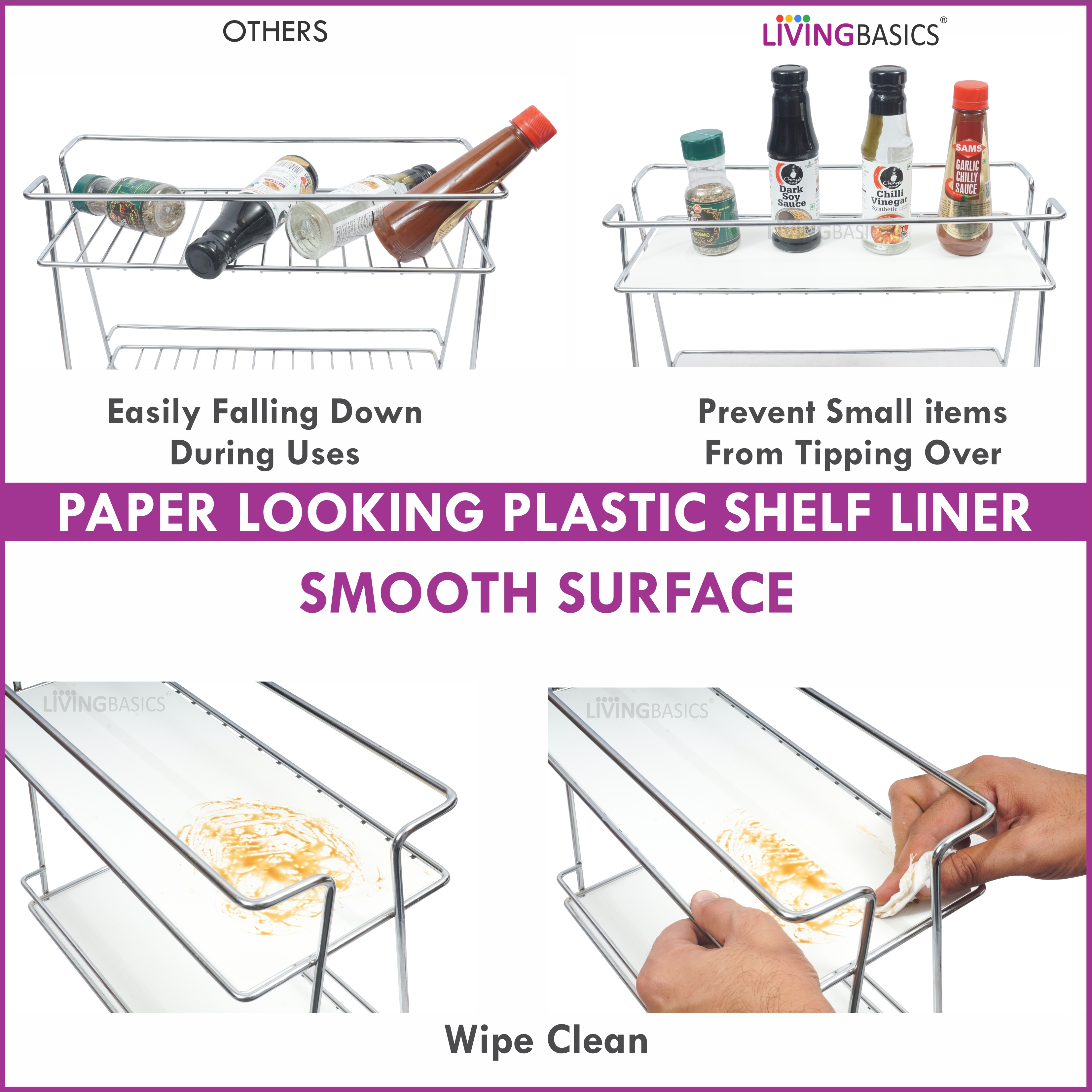 Livingbasics Kitchen Spice Rack Organizer - Stainless Steel, Small 2 Tier Design, Silver Color | Waterproof Protective Shelf Liner & Rails, Maximize Counter Space, Effortless Decluttering Solution