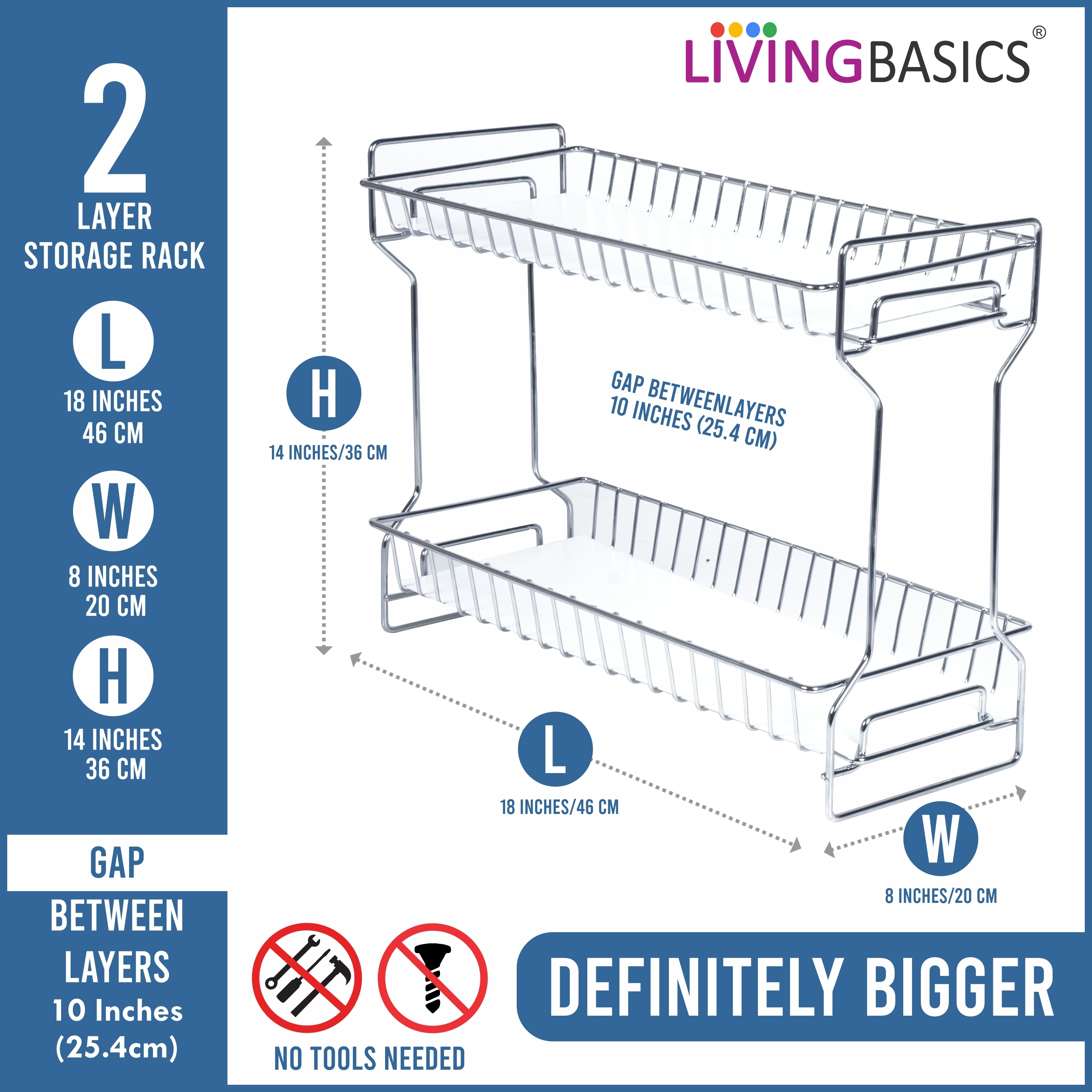 Livingbasics Stainless Steel 2-tier Spice Rack Organizer - Small Size, Stainless Silver Color | Waterproof Protective Liner, Rust-free Thick Metal Wires, Versatile Countertop Storage