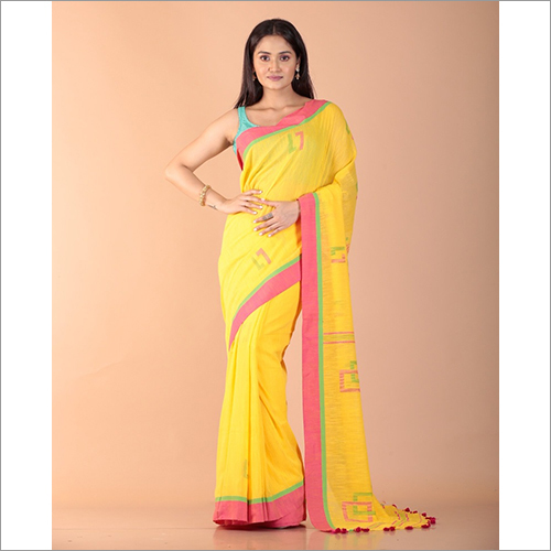 येलो लेडीज़ डिज़ाइनर कॉटन साड़ी