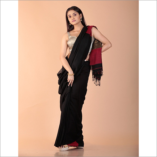 एथनिक लेडीज़ हैंडलूम ब्लैक कॉटन साड़ी
