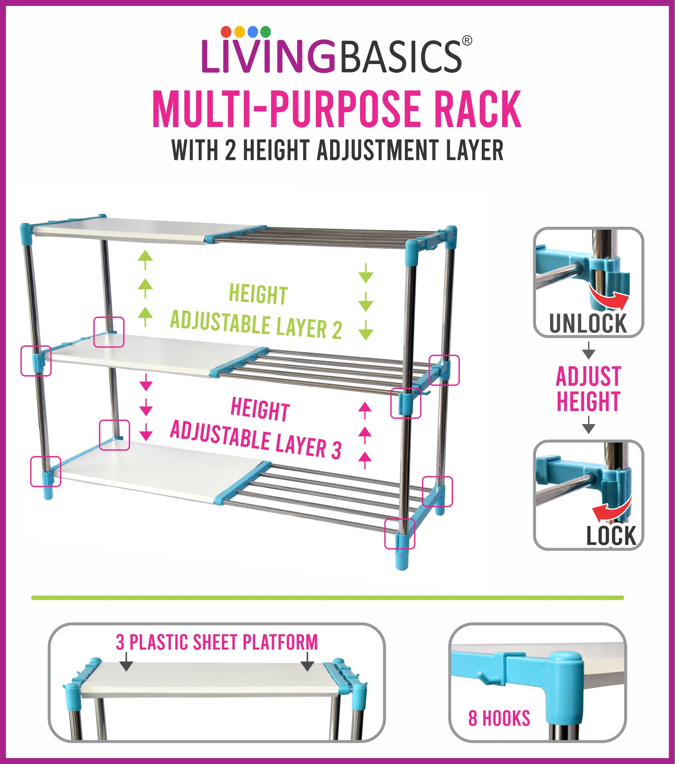 Kitchen Storage Rack - Stainless Steel 50x30x65 Cm Cyan Blue | Heavy Duty Adjustable 3-layer Organizer For Kitchen Office Bathroom And More