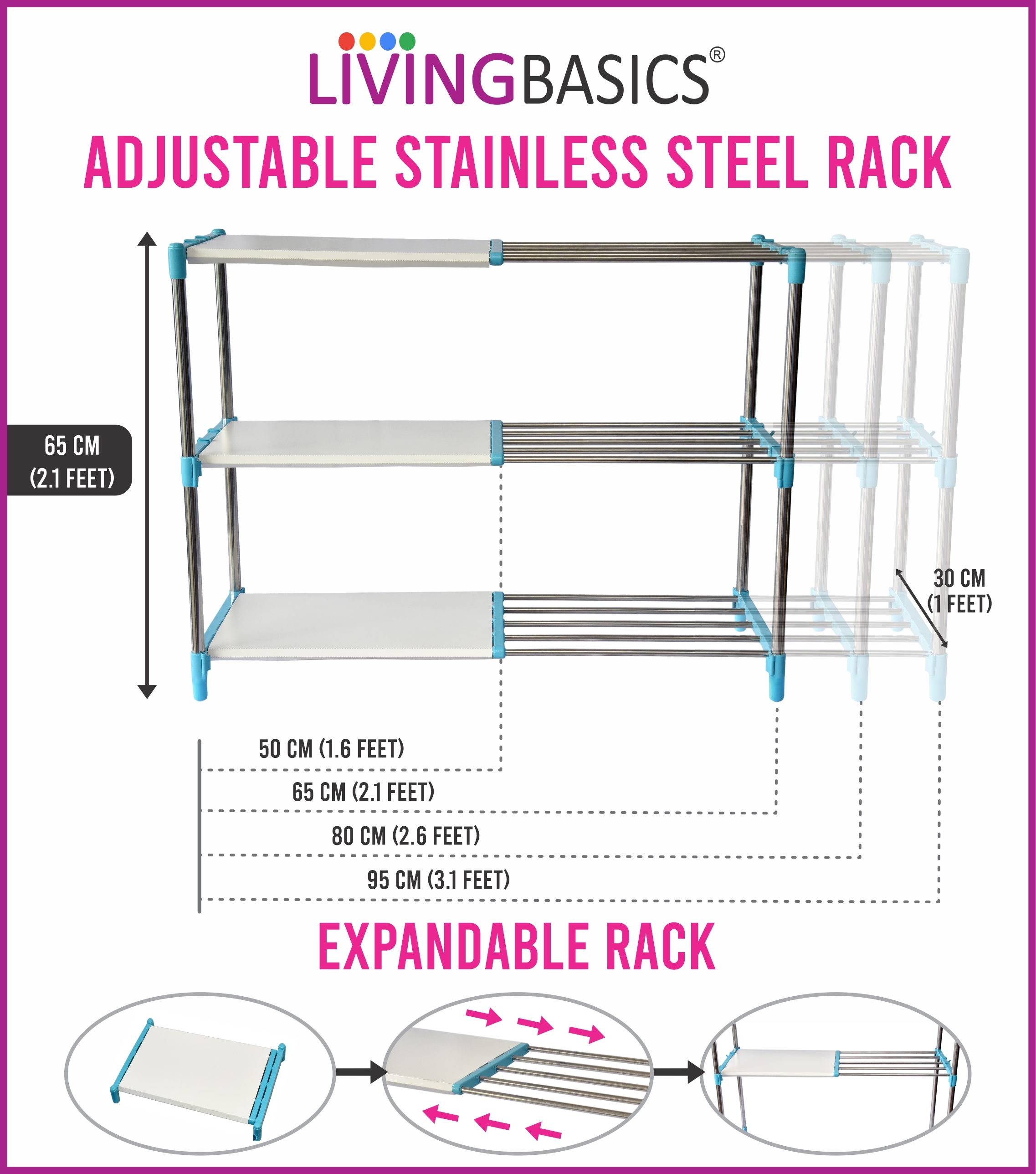 Kitchen Storage Rack - Stainless Steel 50x30x65 Cm Cyan Blue | Heavy Duty Adjustable 3-layer Organizer For Kitchen Office Bathroom And More