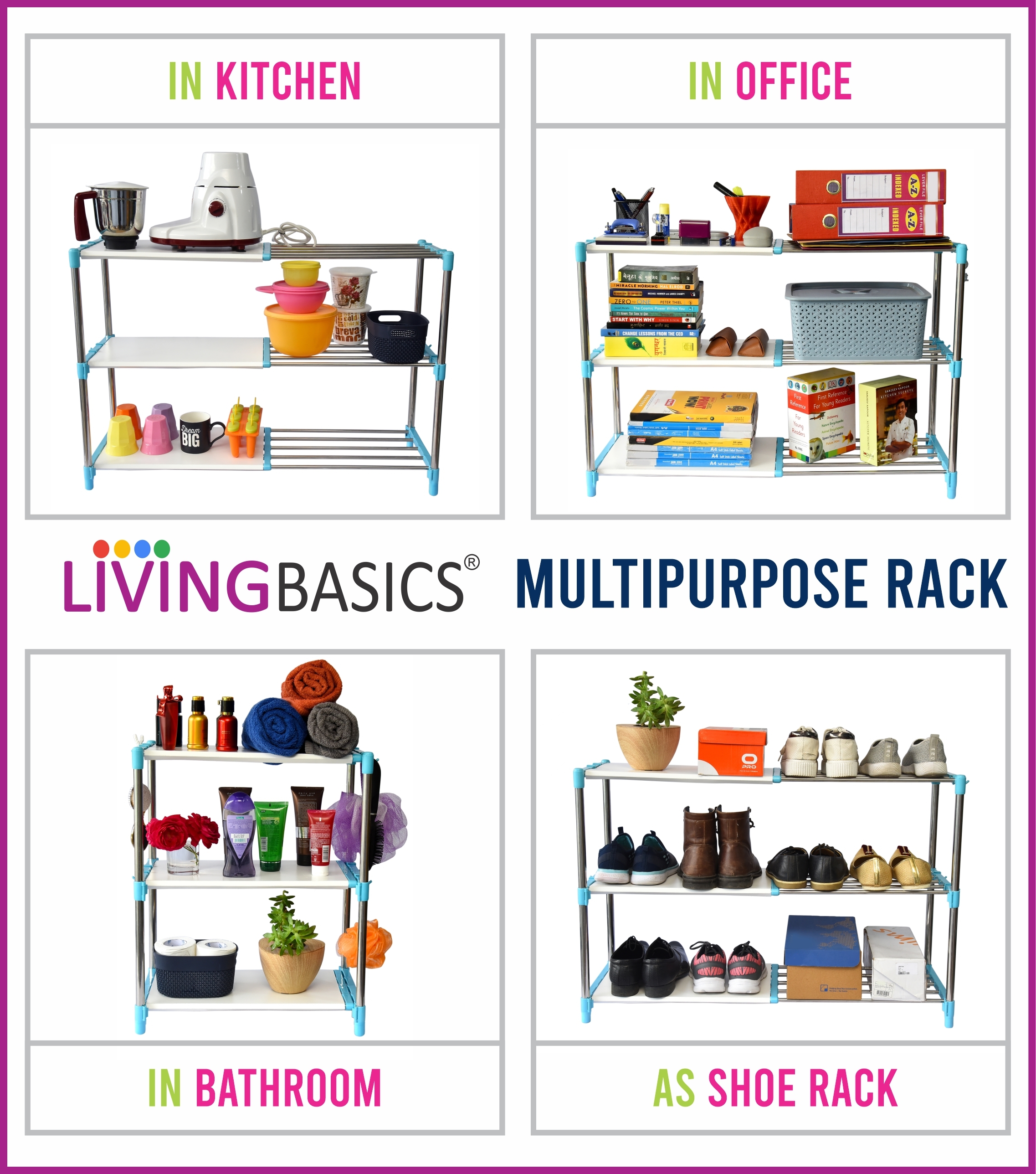 Kitchen Storage Rack - Stainless Steel 50x30x65 Cm Cyan Blue | Heavy Duty Adjustable 3-layer Organizer For Kitchen Office Bathroom And More