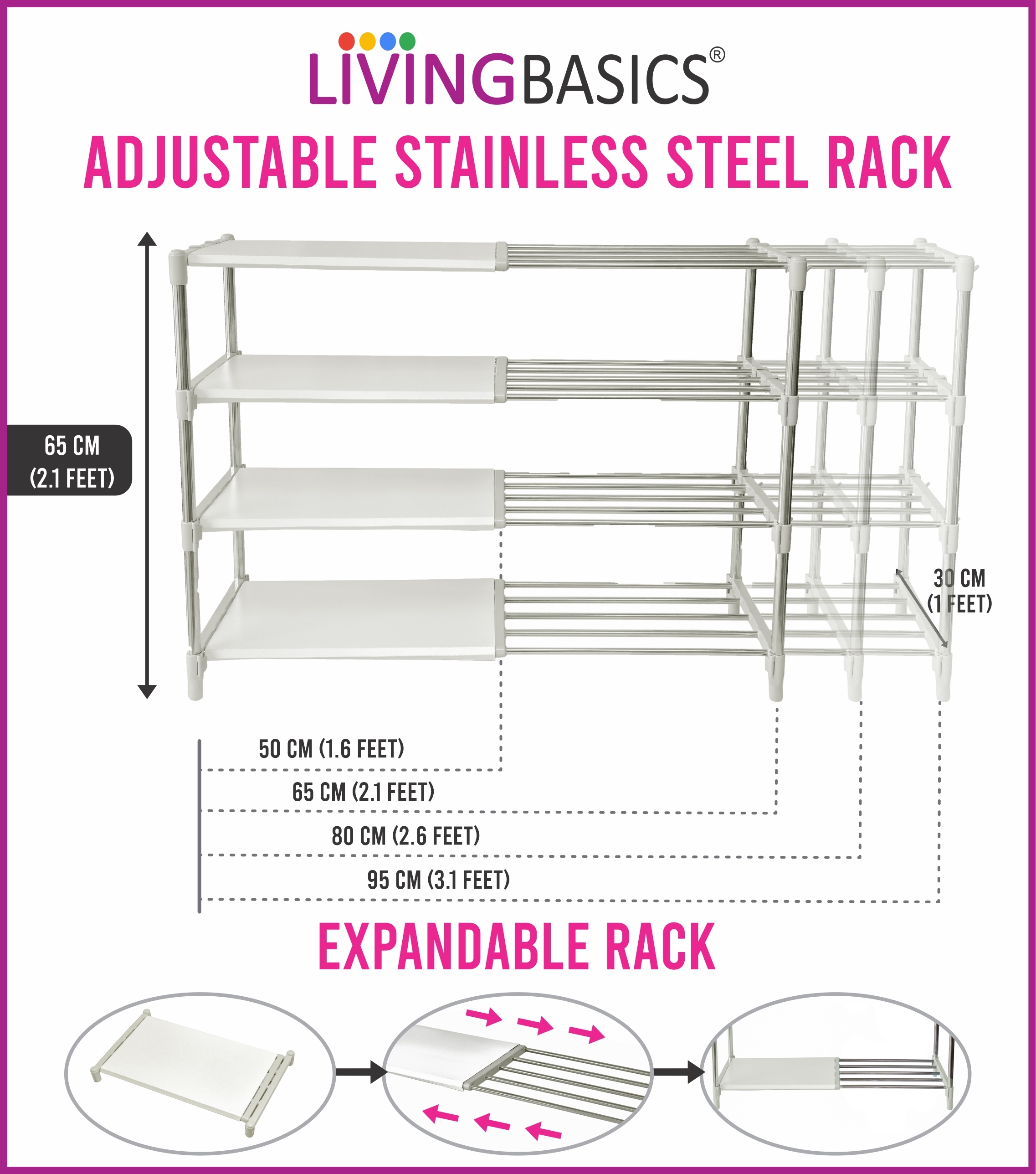 Living Basics - Stainless Steel Heavy Duty Adjustable 4-layer Kitchen Rack | Snow White, Rust-free, Expandable, Ideal For Organizing Kitchen Utensils And Tools