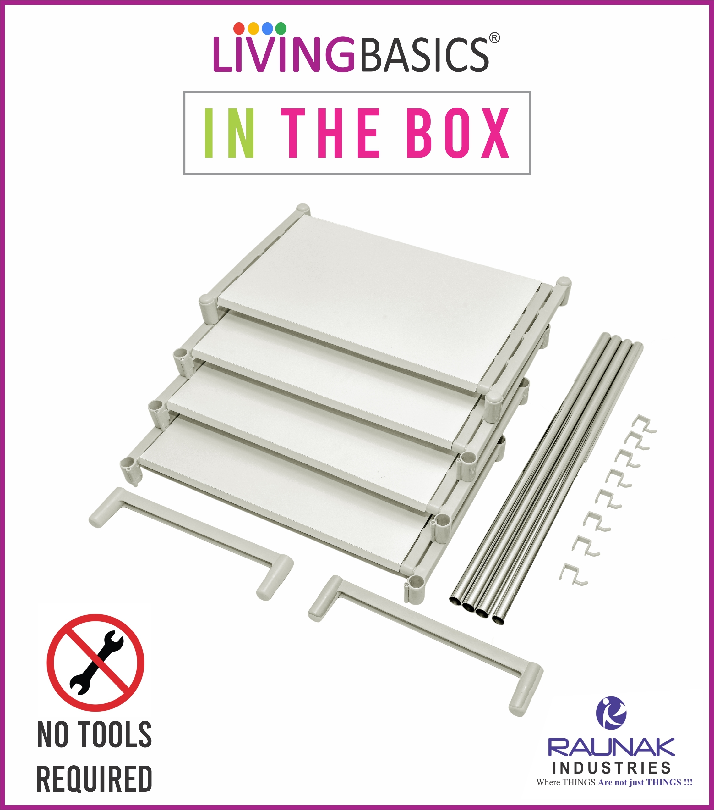 Living Basics - Stainless Steel Heavy Duty Adjustable 4-layer Kitchen Rack | Snow White, Rust-free, Expandable, Ideal For Organizing Kitchen Utensils And Tools