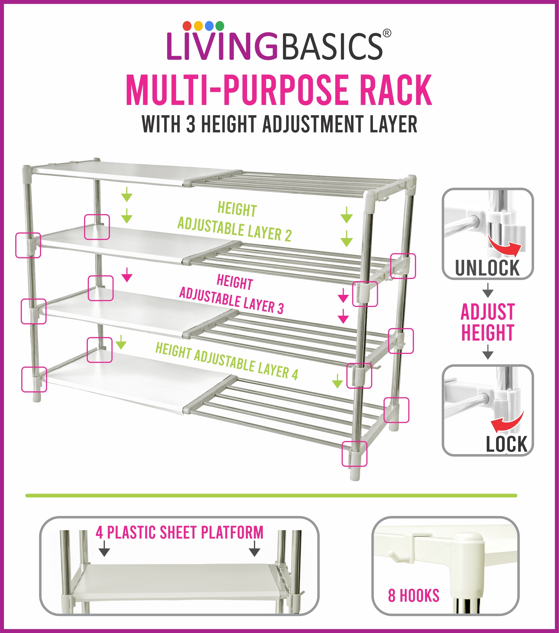 Living Basics - Stainless Steel Heavy Duty Adjustable 4-layer Kitchen Rack | Snow White, Rust-free, Expandable, Ideal For Organizing Kitchen Utensils And Tools