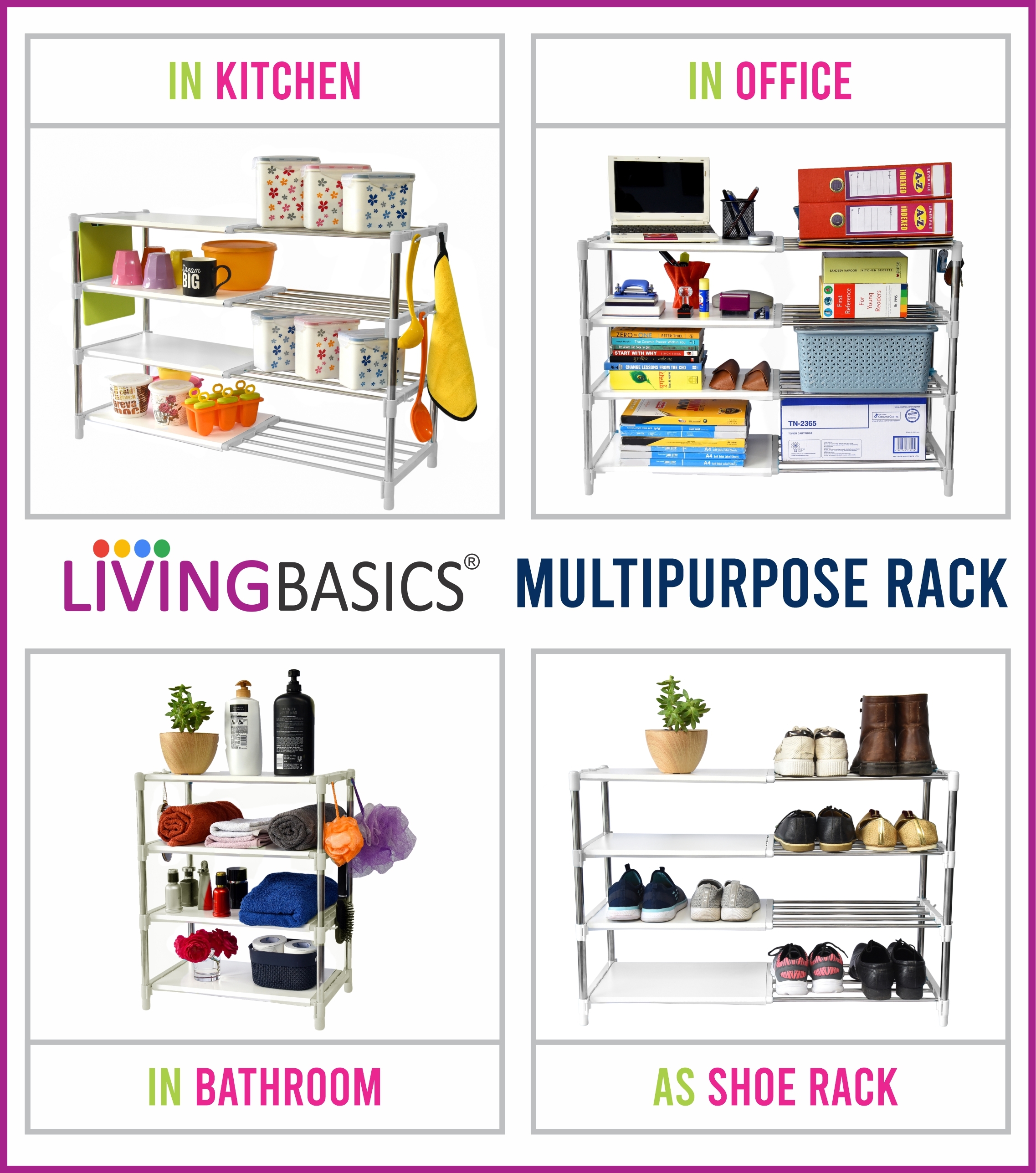 Living Basics - Stainless Steel Heavy Duty Adjustable 4-layer Kitchen Rack | Snow White, Rust-free, Expandable, Ideal For Organizing Kitchen Utensils And Tools