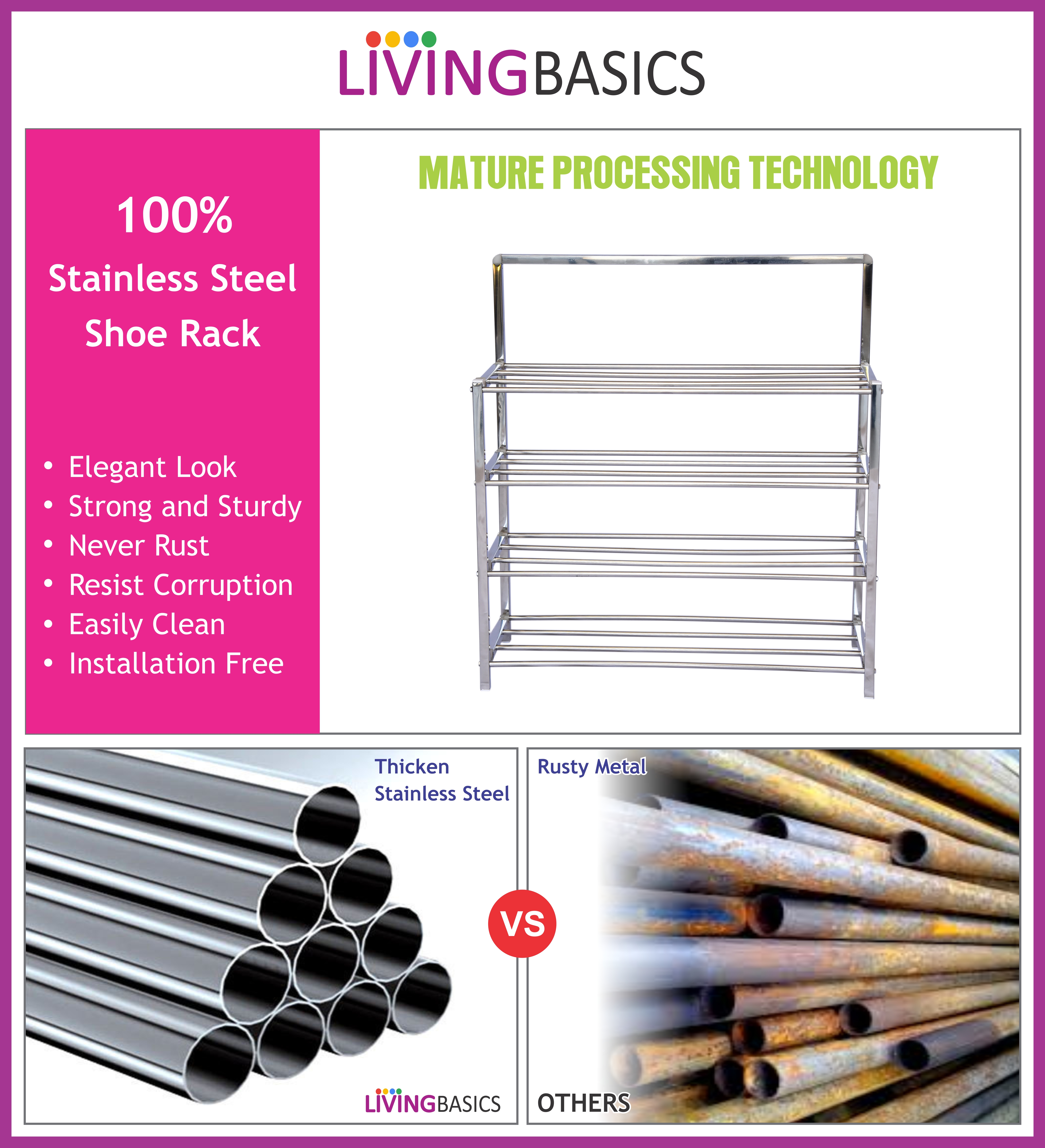 Ss Shoes Rack - Stainless Steel 64x24x68 Cm Color: Stainless Steel | 4-tier Multipurpose Design Eco-friendly Lightweight Space-saving No Assembly Required