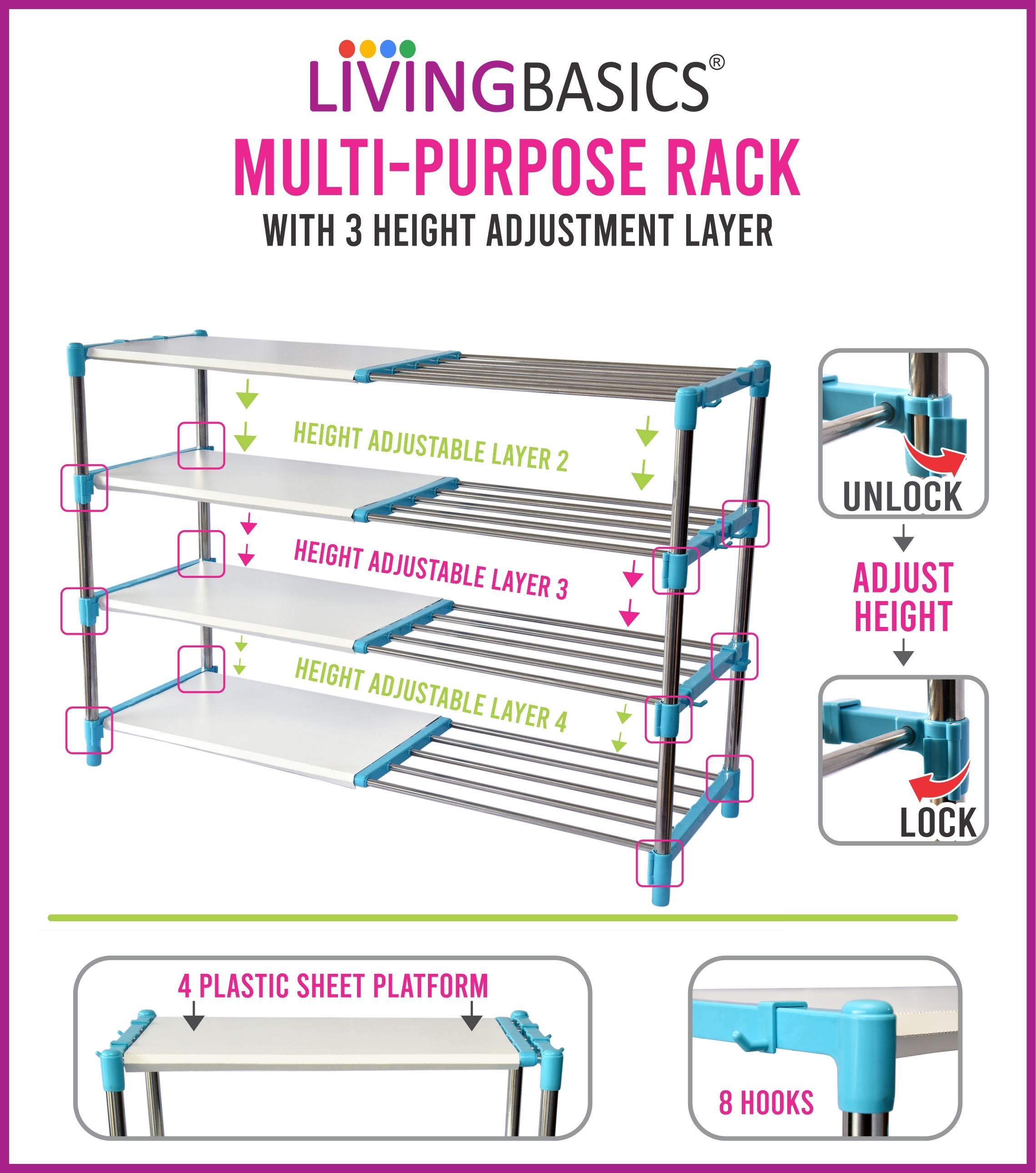 Portable Shoes Rack - Stainless Steel, 50x30x65 Cm, Cyan Blue | Durable, Uv Resistant, Water Resistant, Rust-free, 4-layer Design, No Assembly Required