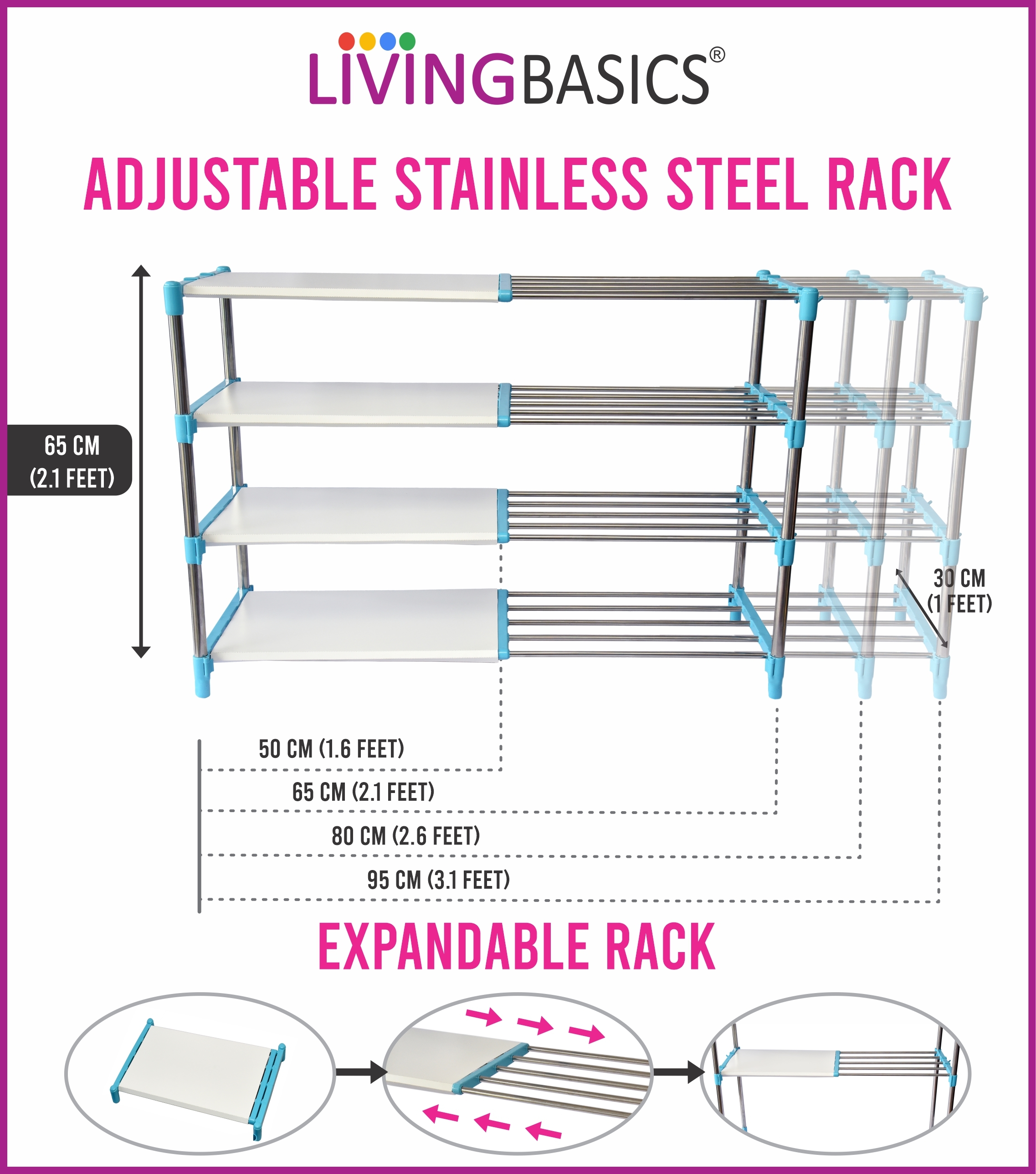 Portable Shoes Rack - Stainless Steel, 50x30x65 Cm, Cyan Blue | Durable, Uv Resistant, Water Resistant, Rust-free, 4-layer Design, No Assembly Required