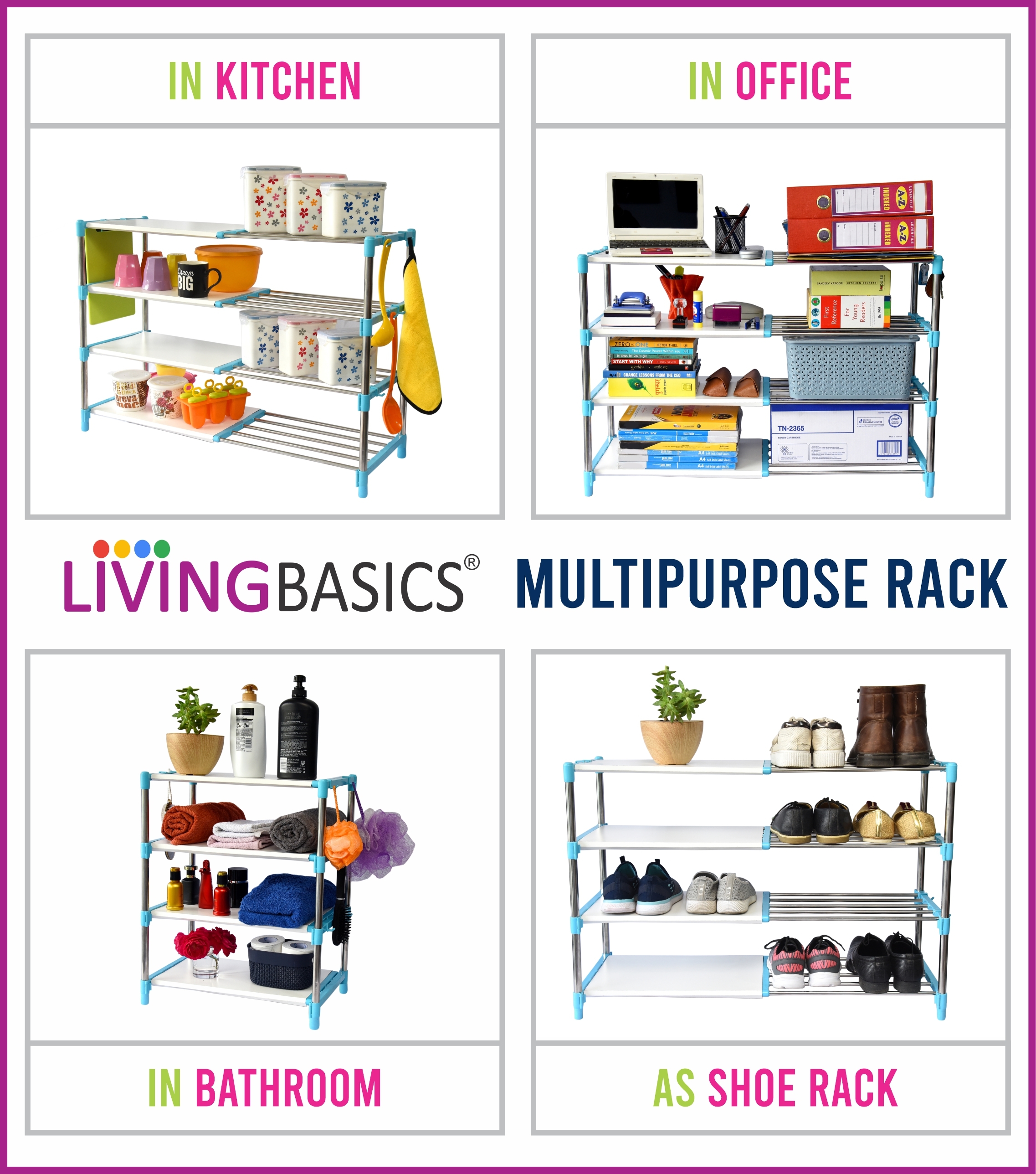 Portable Shoes Rack - Stainless Steel, 50x30x65 Cm, Cyan Blue | Durable, Uv Resistant, Water Resistant, Rust-free, 4-layer Design, No Assembly Required