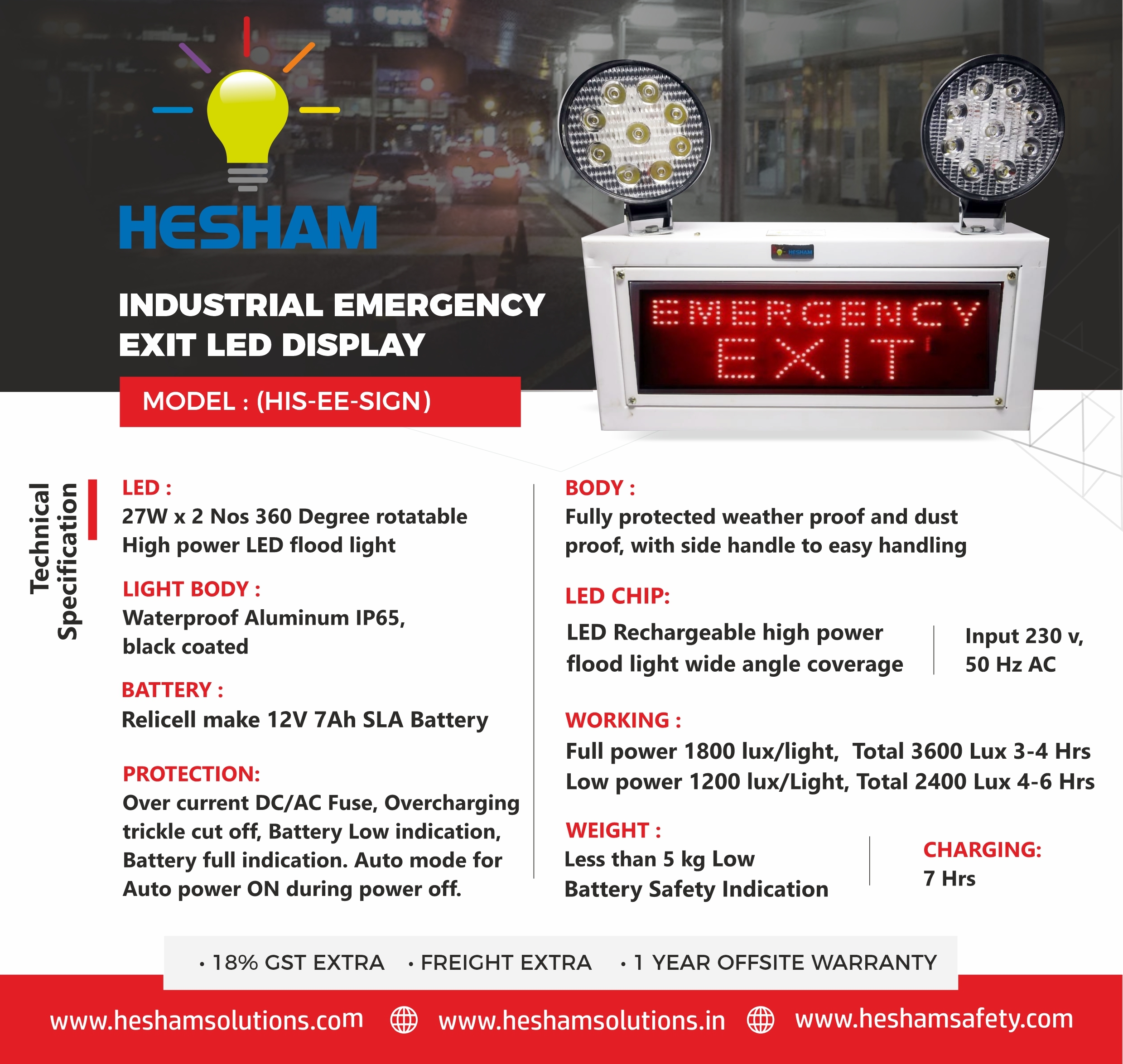 Emergency Exit Light - Waterproof Aluminum Ip65, 230v Ac Voltage With 12v 7ah Battery And 7-hour Charging Time