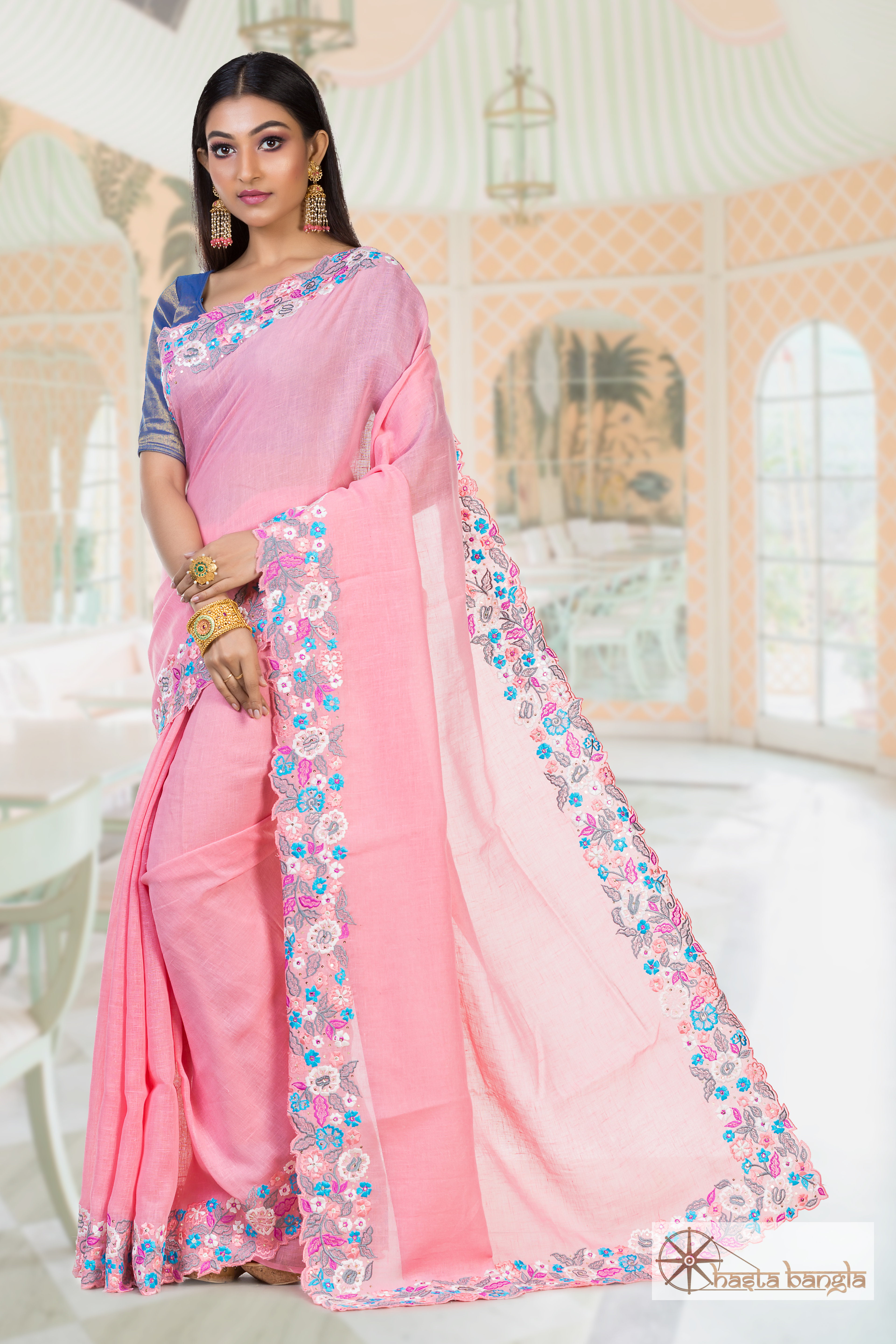 Pure Linen Saree - 5.5m Length, Thick Floral Machine Embroidery Border With Hand Sequence Embroidery, Ideal For All Seasons, Perfect For Daily Wear, Elegant Pink Embroidered Design
