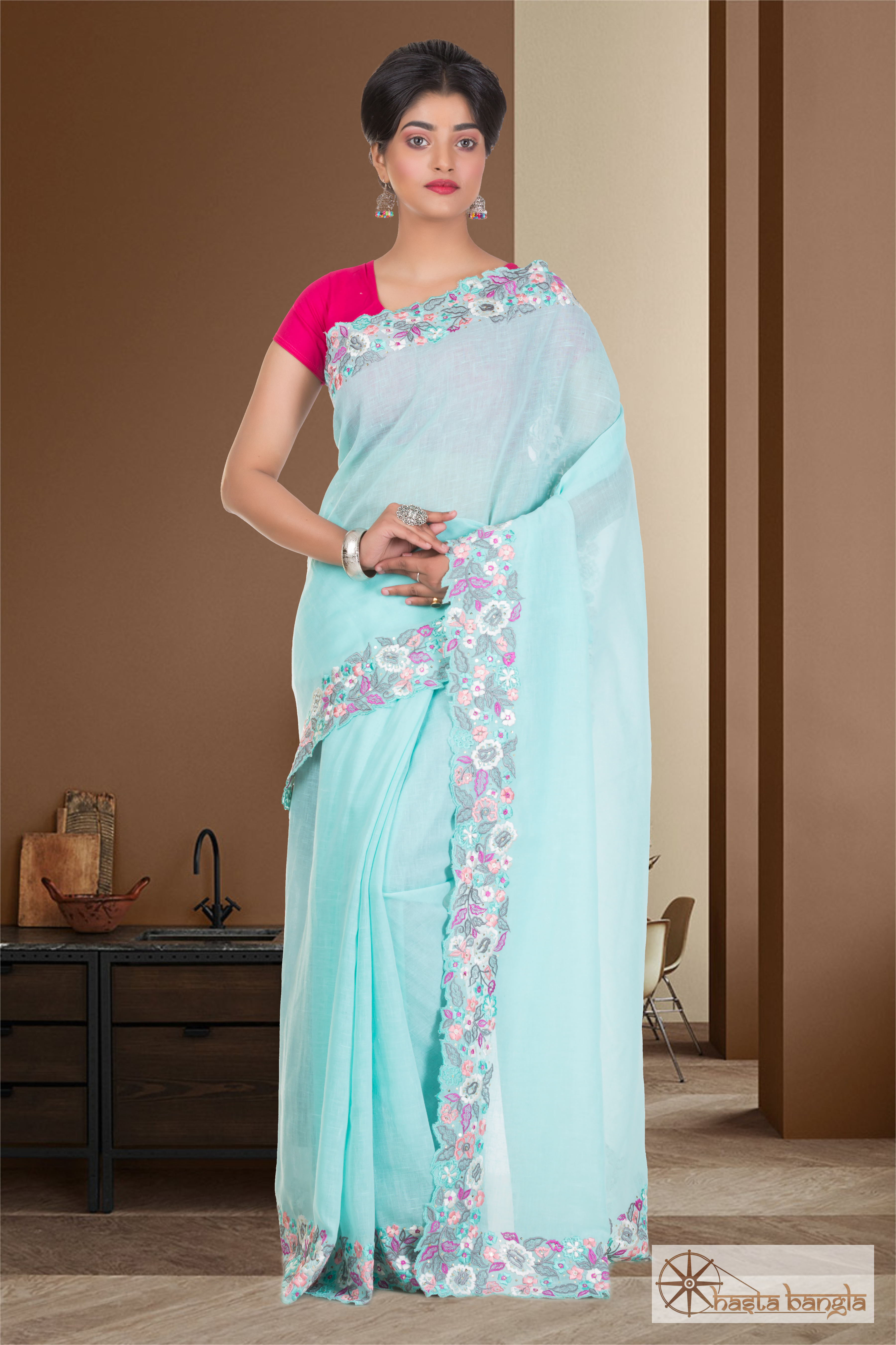 Linen Saree - 5.5m Length, Sky Blue Color With Thick Floral Machine Embroidery Border And Hand Sequencing - Perfect For Elegant Evenings And Occasions