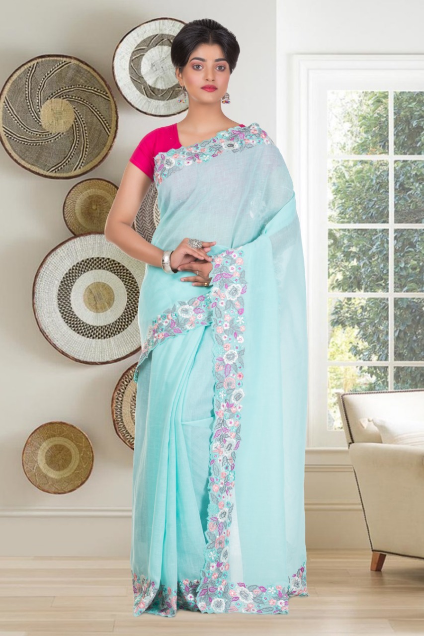 Linen Saree - 5.5m Length, Sky Blue Color With Thick Floral Machine Embroidery Border And Hand Sequencing - Perfect For Elegant Evenings And Occasions