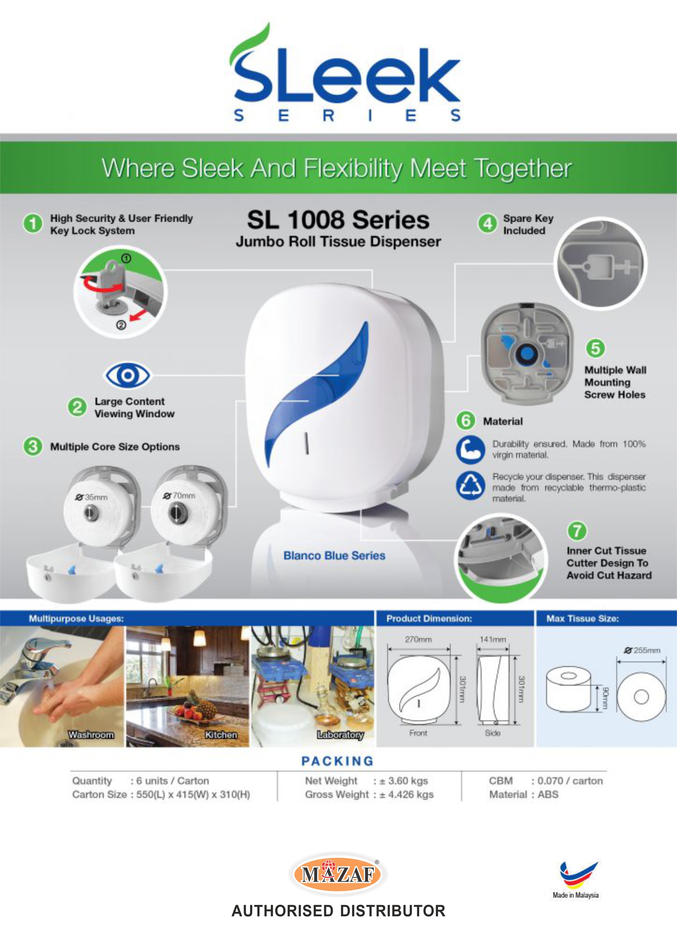 Sl 1008 Series Jumbo Roll Tissue Dispenser - Color: White