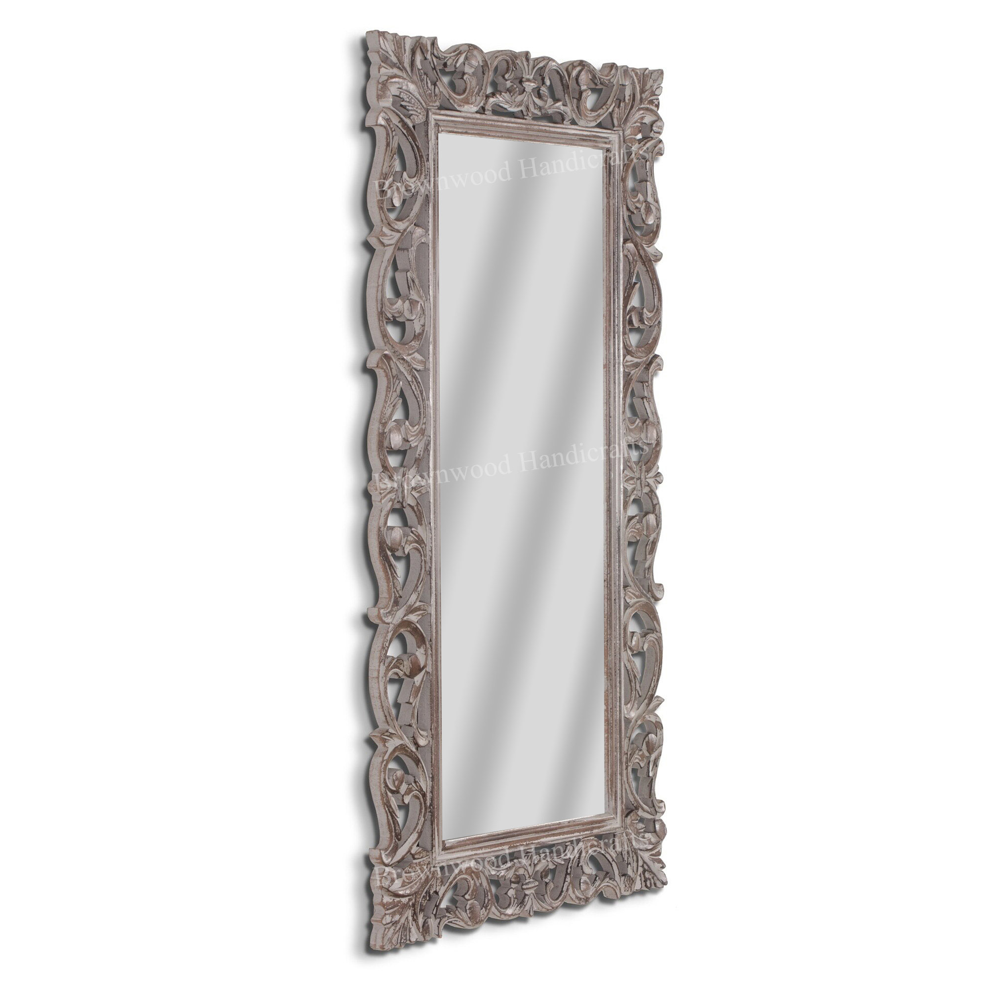 Hand Carved Wooden Mirror Frame - 36 X 18 Inches, Burnt White Antique Finish, Art & Collectible Home Decoration