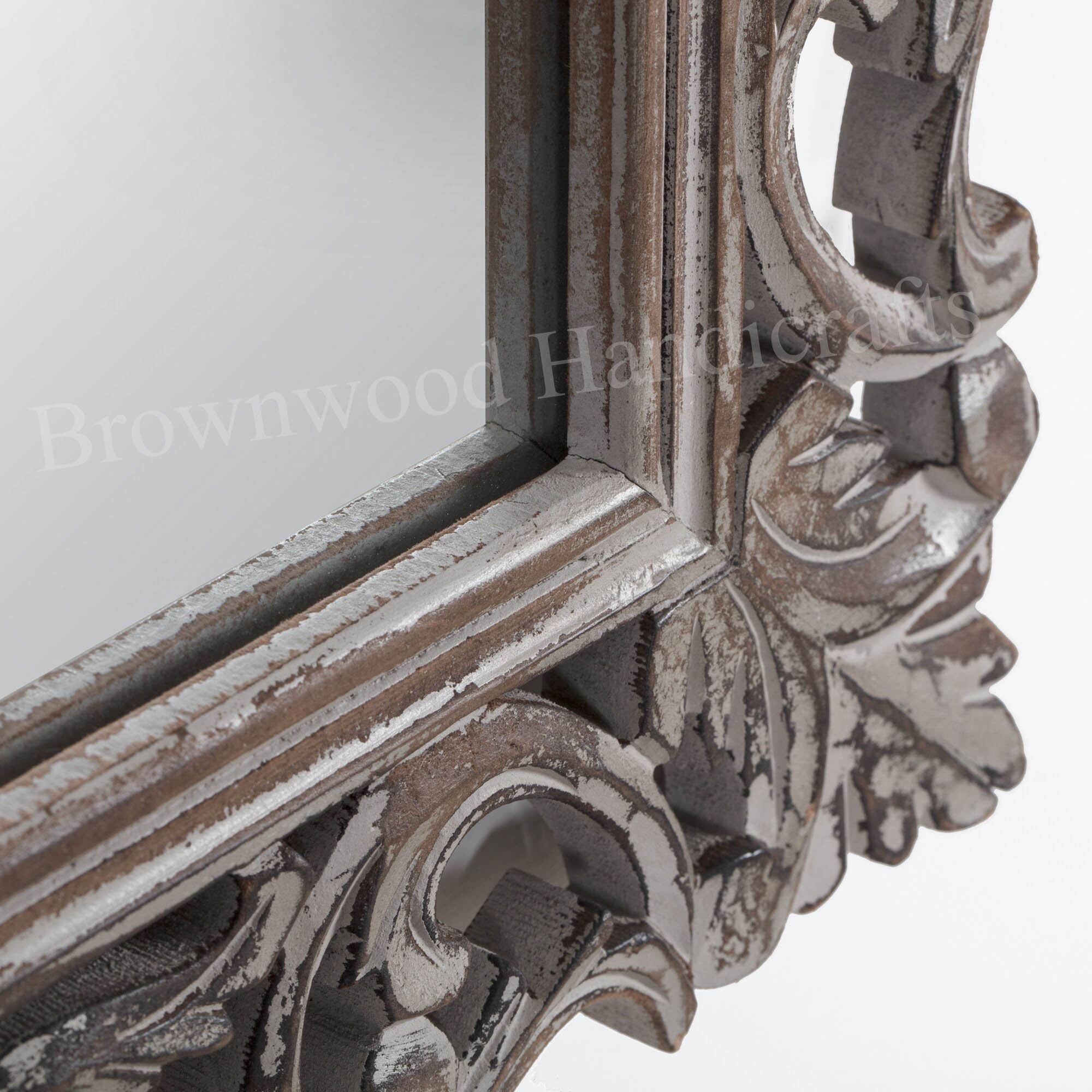 Hand Carved Wooden Mirror Frame - 36 X 18 Inches, Burnt White Antique Finish, Art & Collectible Home Decoration