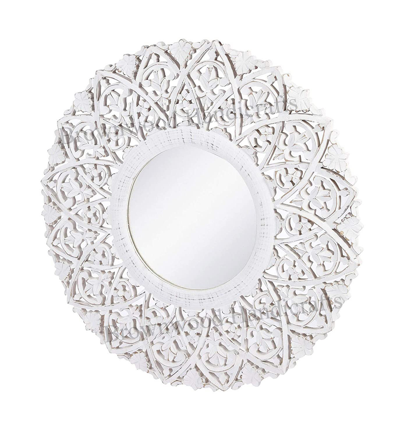 Hand Carved Wooden Mirror Frame - 27 X 27 Inch, Burnt White Antique Finish | Unique Home Decoration, Ideal Gift Option