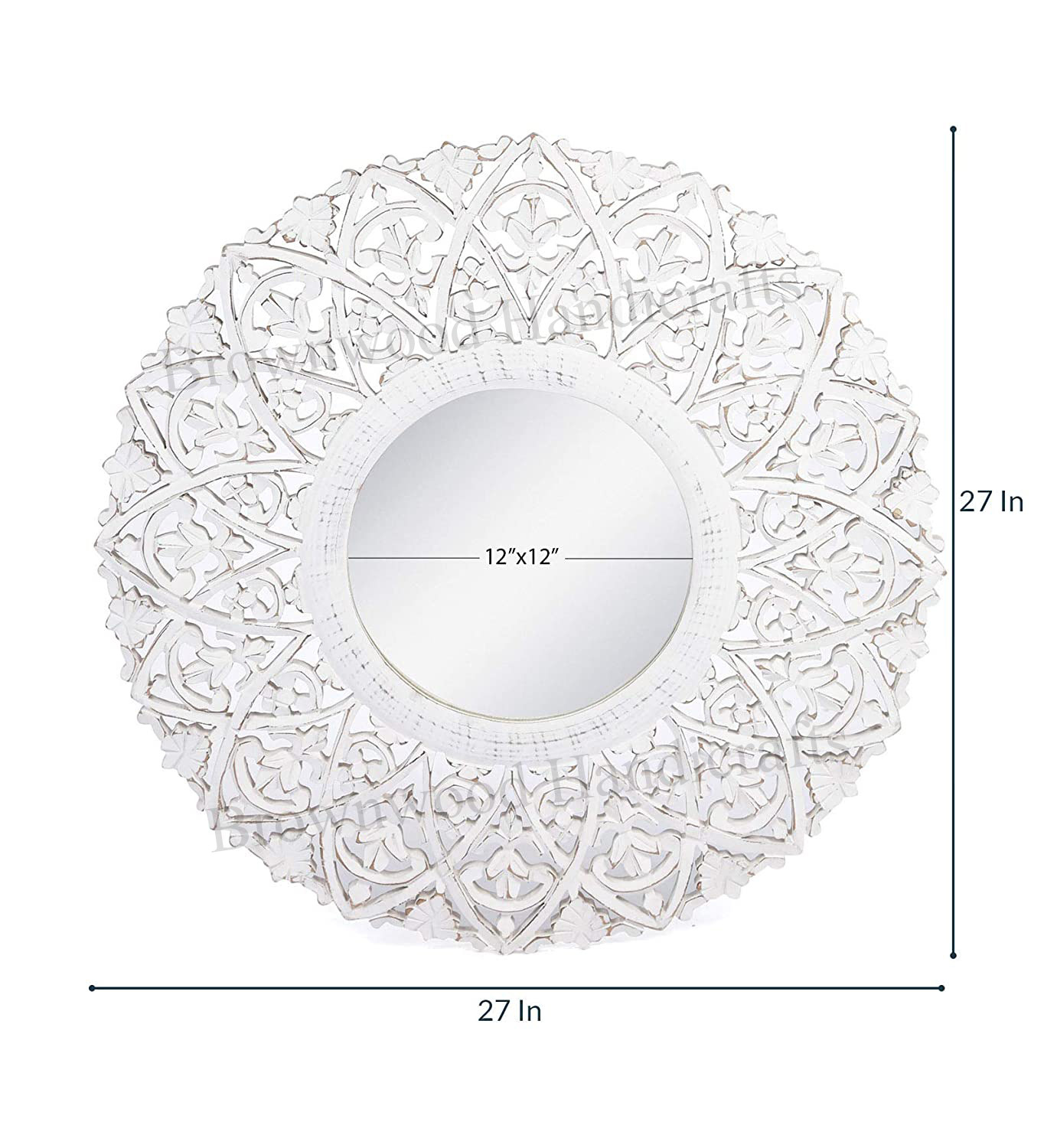 Hand Carved Wooden Mirror Frame - 27 X 27 Inch, Burnt White Antique Finish | Unique Home Decoration, Ideal Gift Option