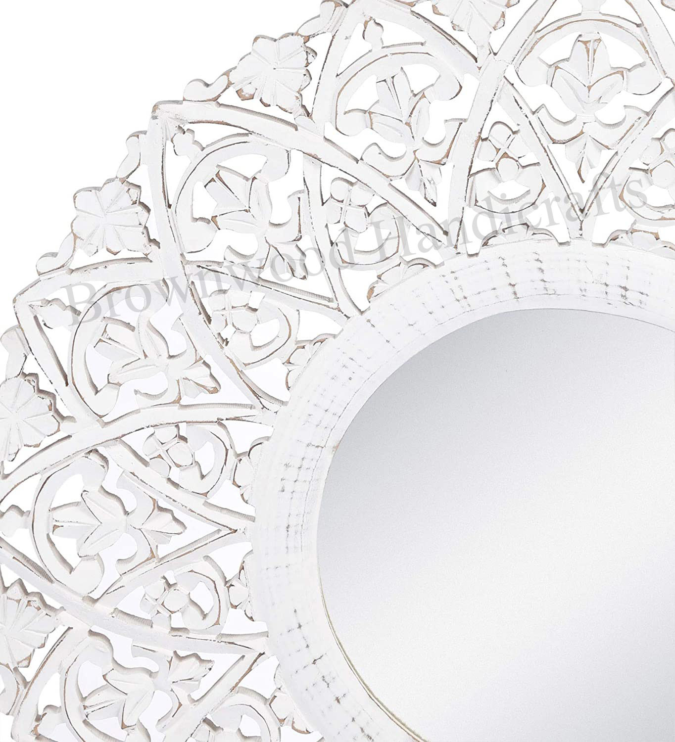 Hand Carved Wooden Mirror Frame - 27 X 27 Inch, Burnt White Antique Finish | Unique Home Decoration, Ideal Gift Option