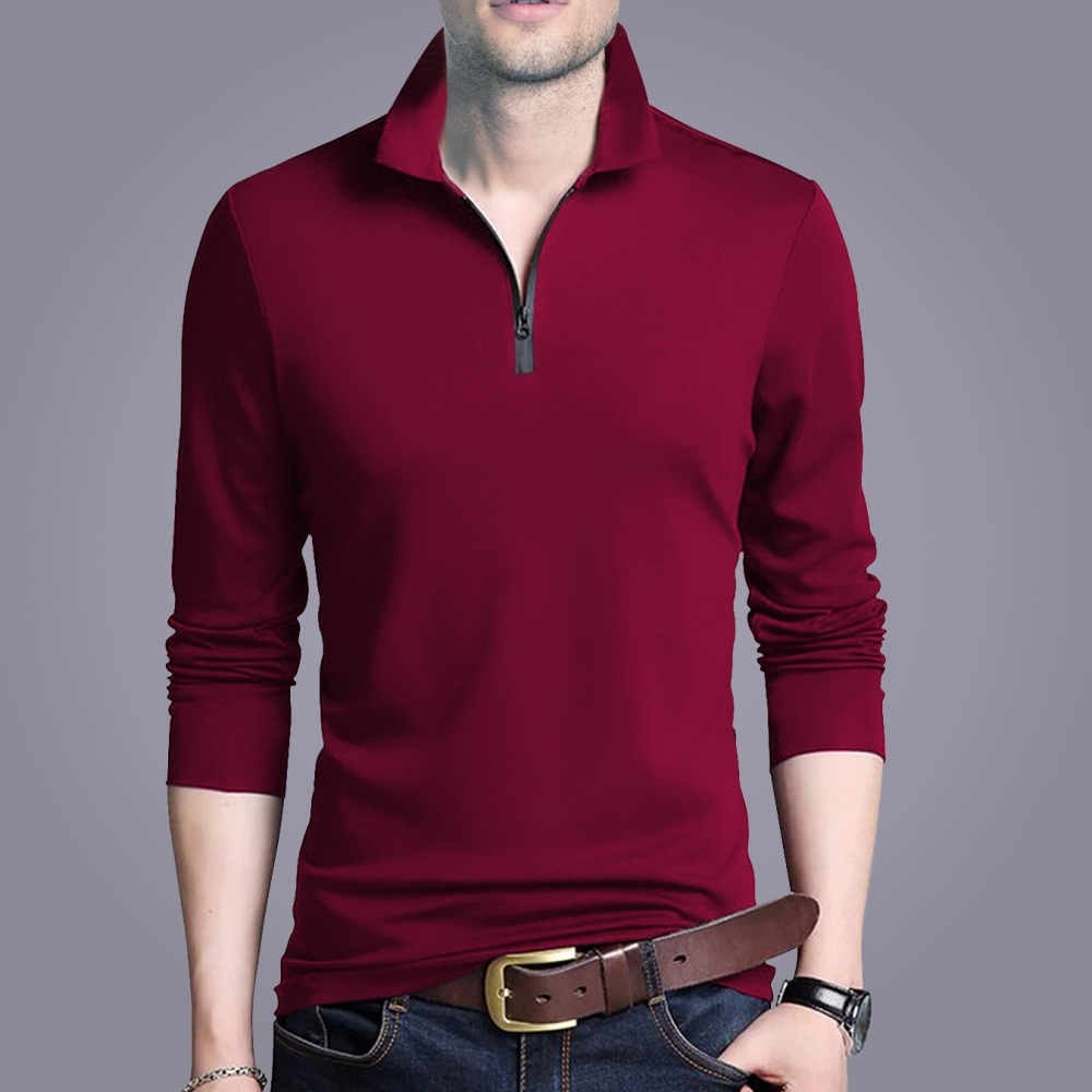 Full Sleeve T Shirt With Zip - Cotton, Size L/m/s/xl/xxl, Navy Melange, Turtleneck, Long Sleeves | Slim Fit Design For Men, Asian Sizing