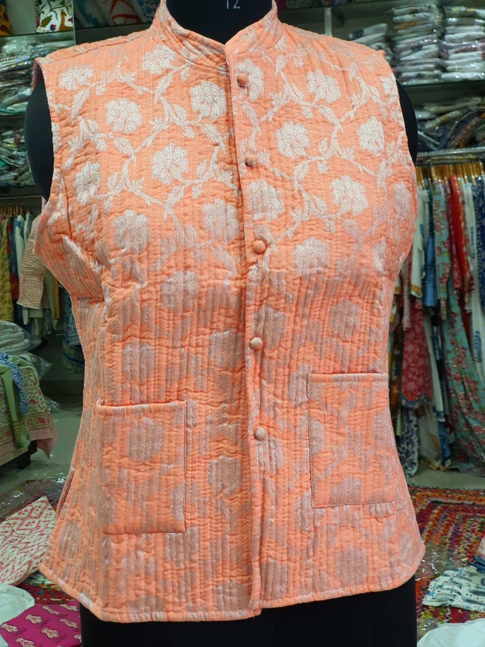 Cotton Quilted Jacket - 30 Inch Length, Multi-color | Hand Block Print, Washable, Ethnic Indian Design, Custom Size Options