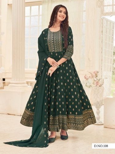 Anarkali Salwar Kameez - Rayon, Plus Size, Green | Trendy Printed Design with Matching Dupatta, Water Proof, Anti Wrinkle, UV Protection